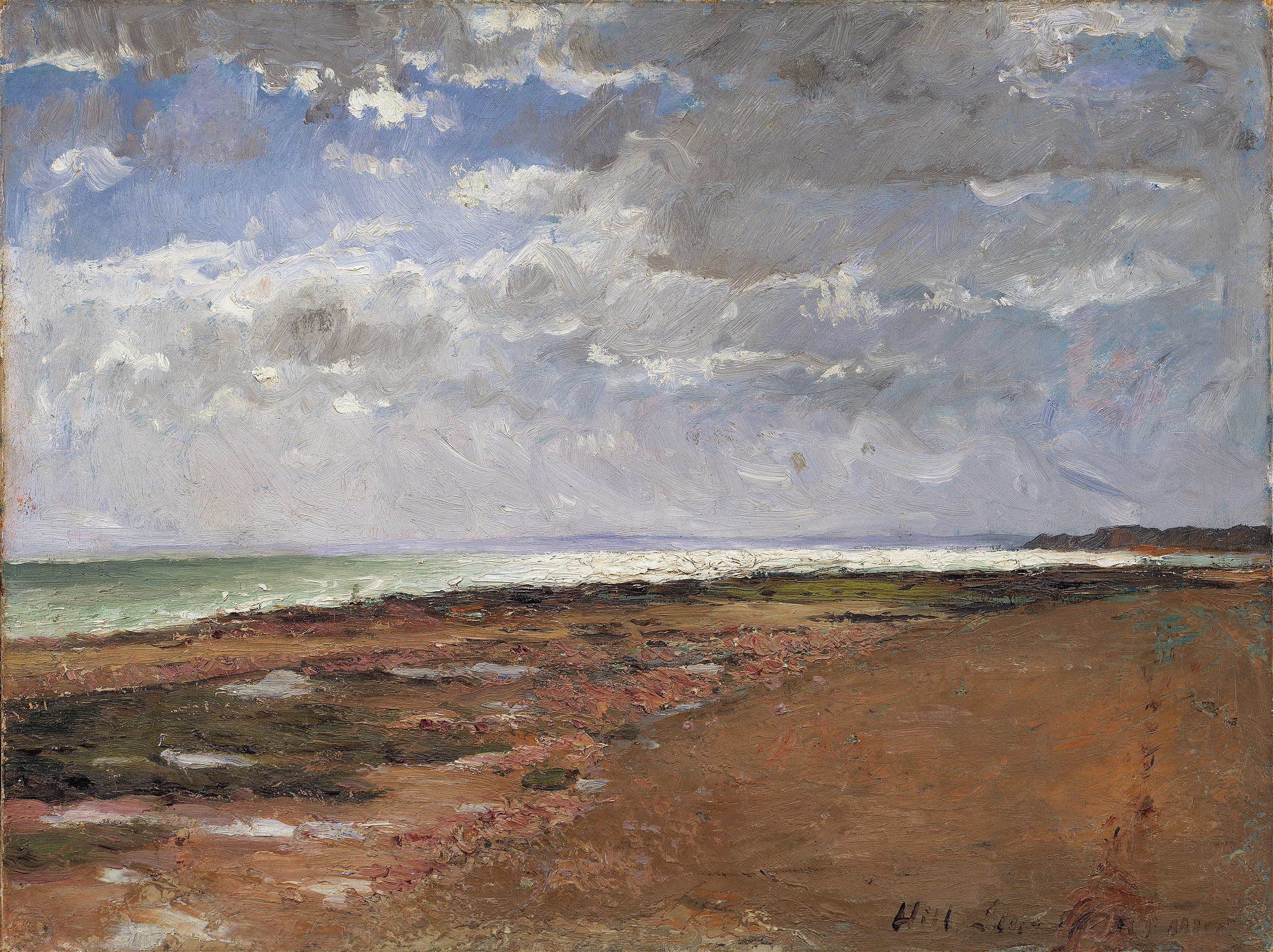 The Beach at Luc by Carl Fredrik Hill, oil painting depicting a beach scene with sunlight and gentle waves.