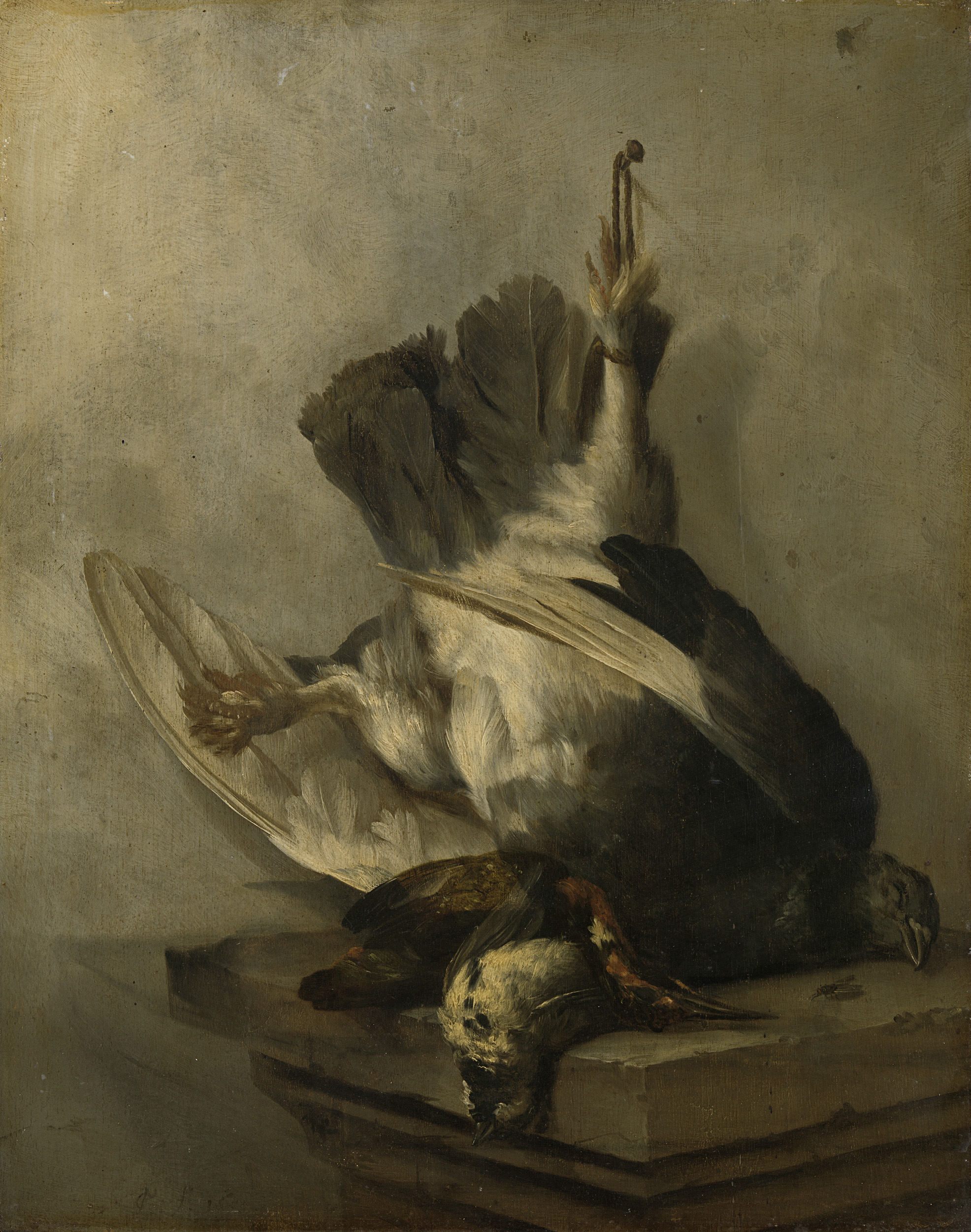 Still life oil painting by Cornelis Lelienbergh featuring a woodpecker and snipes.