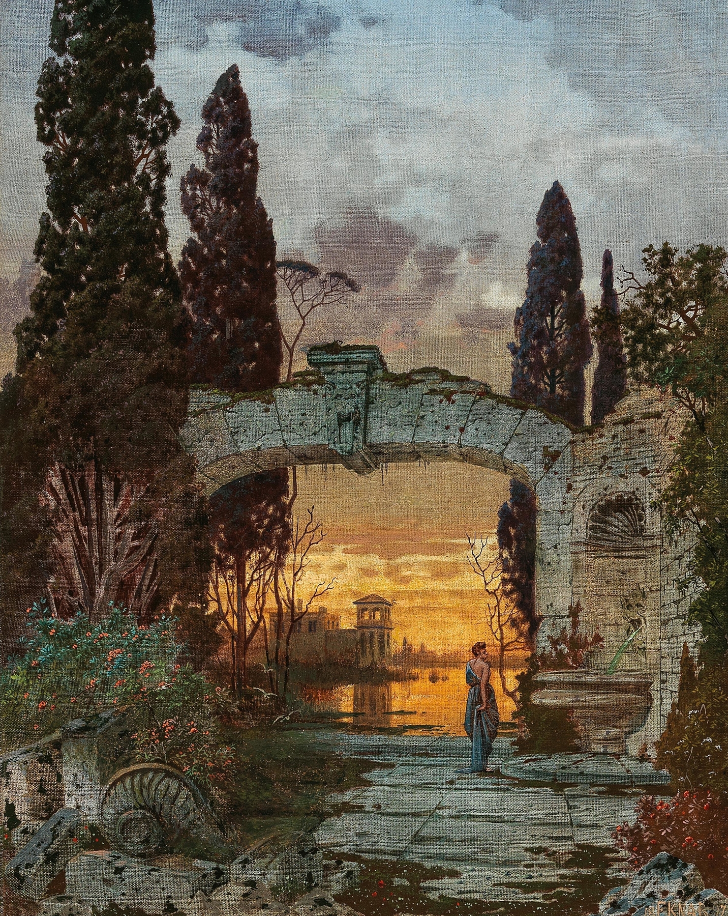 An Arcadian Landscape by Ferdinand Knab, oil painting depicting a river and lush greenery.