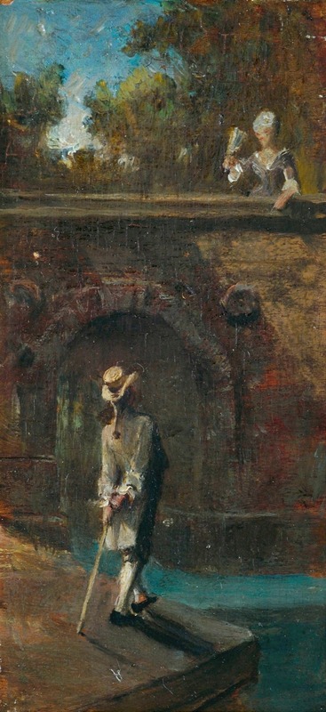 A charming depiction of a social gathering at a river bridge.