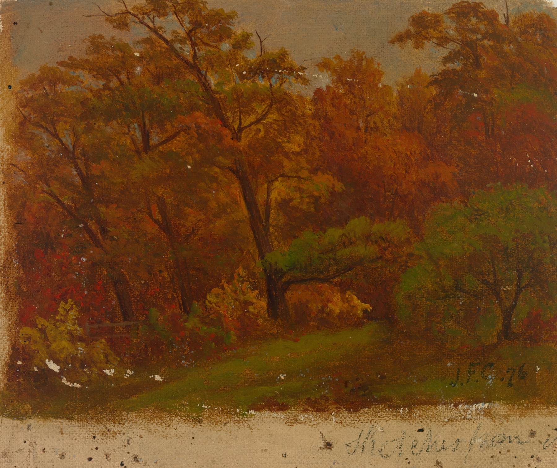 Landscape oil painting by Jasper Francis Cropsey featuring swirling hues and a tempestuous sky.