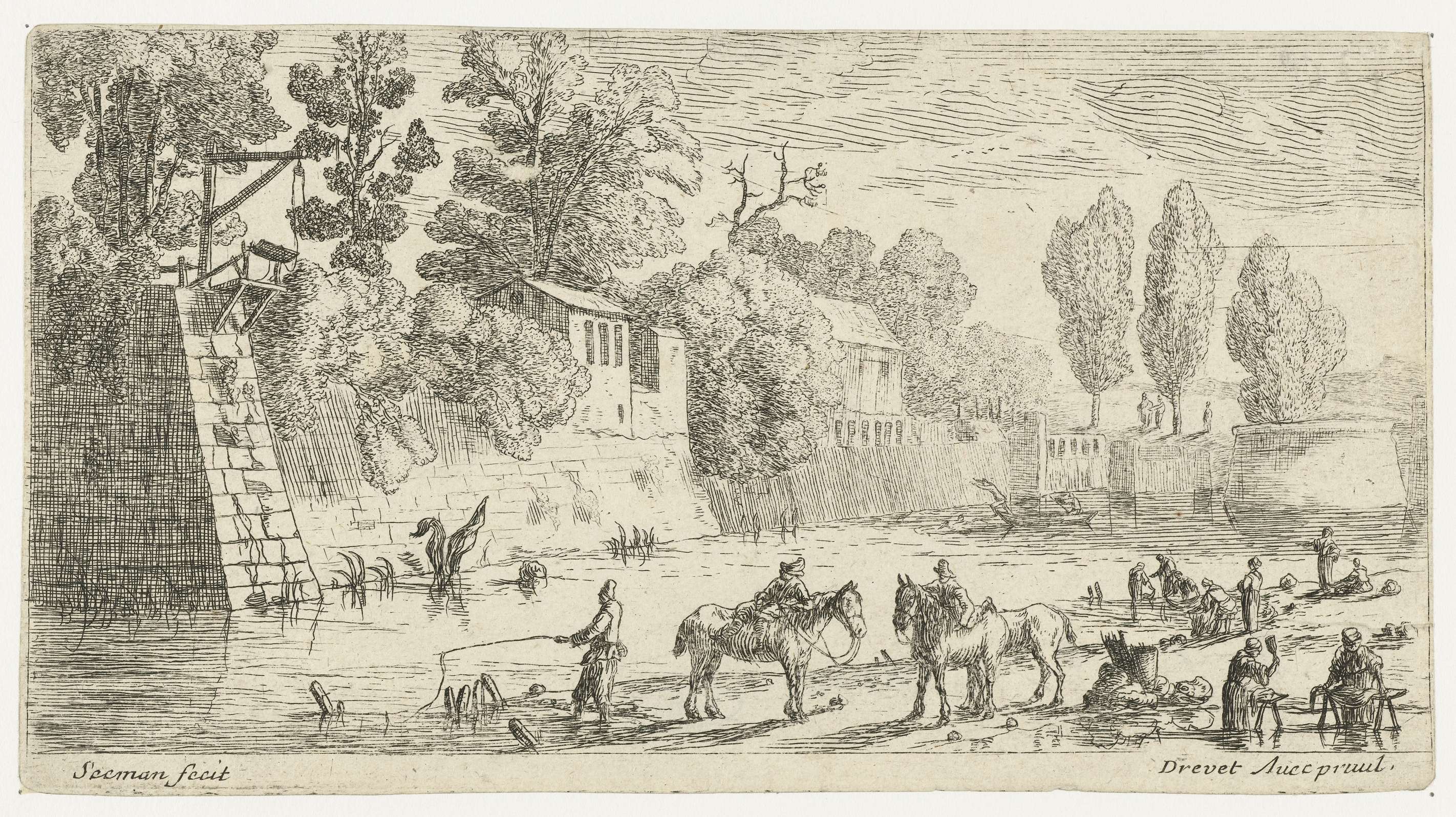 Women washing clothes by a canal, etching by Unknown Artist