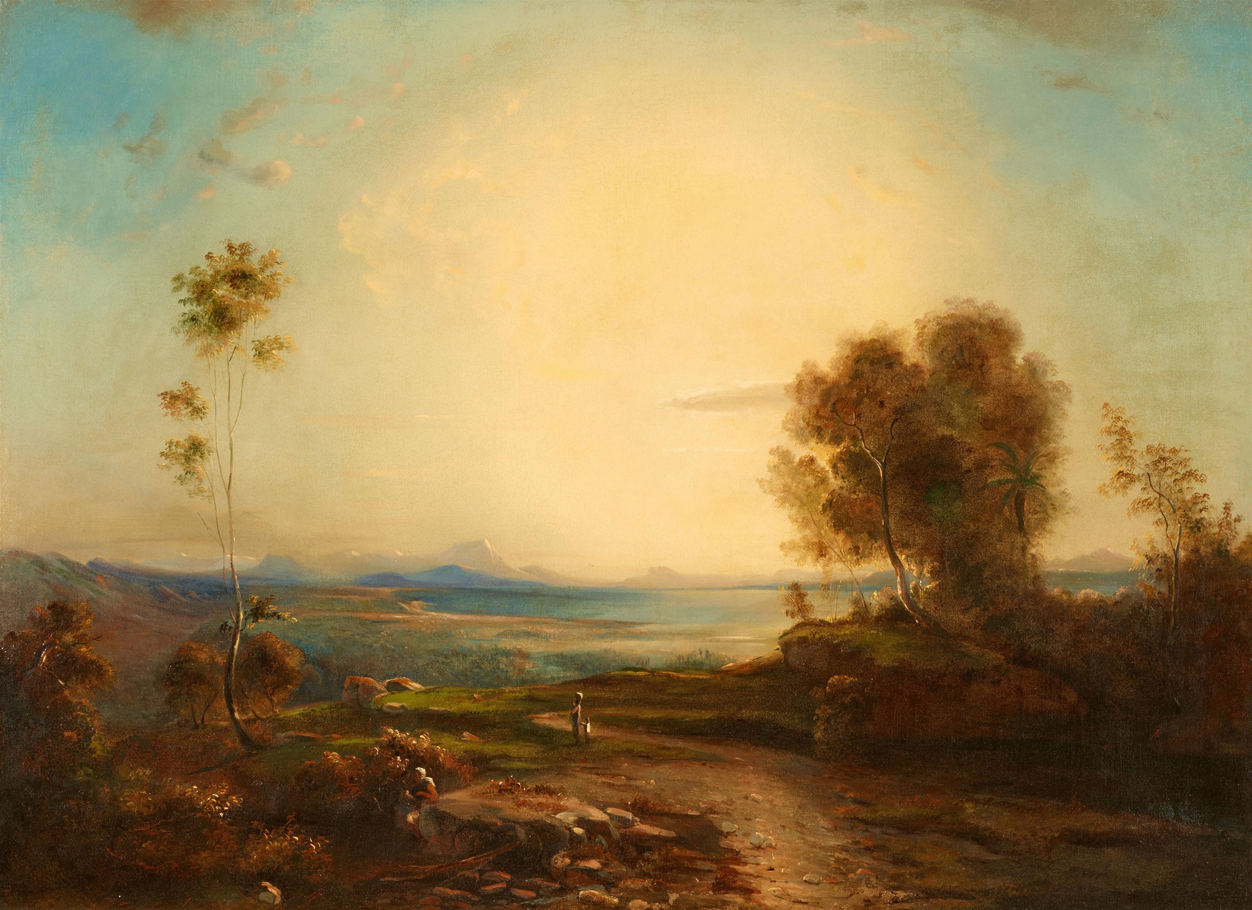 Oil painting by Carl Rottmann depicting gentle waves lapping against a rocky shore