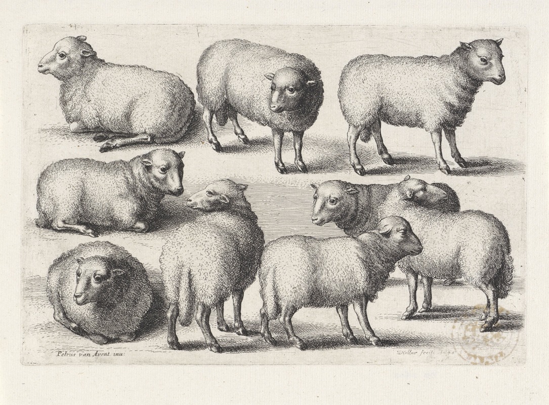 A serene depiction of nine sheep grazing in a lush field.