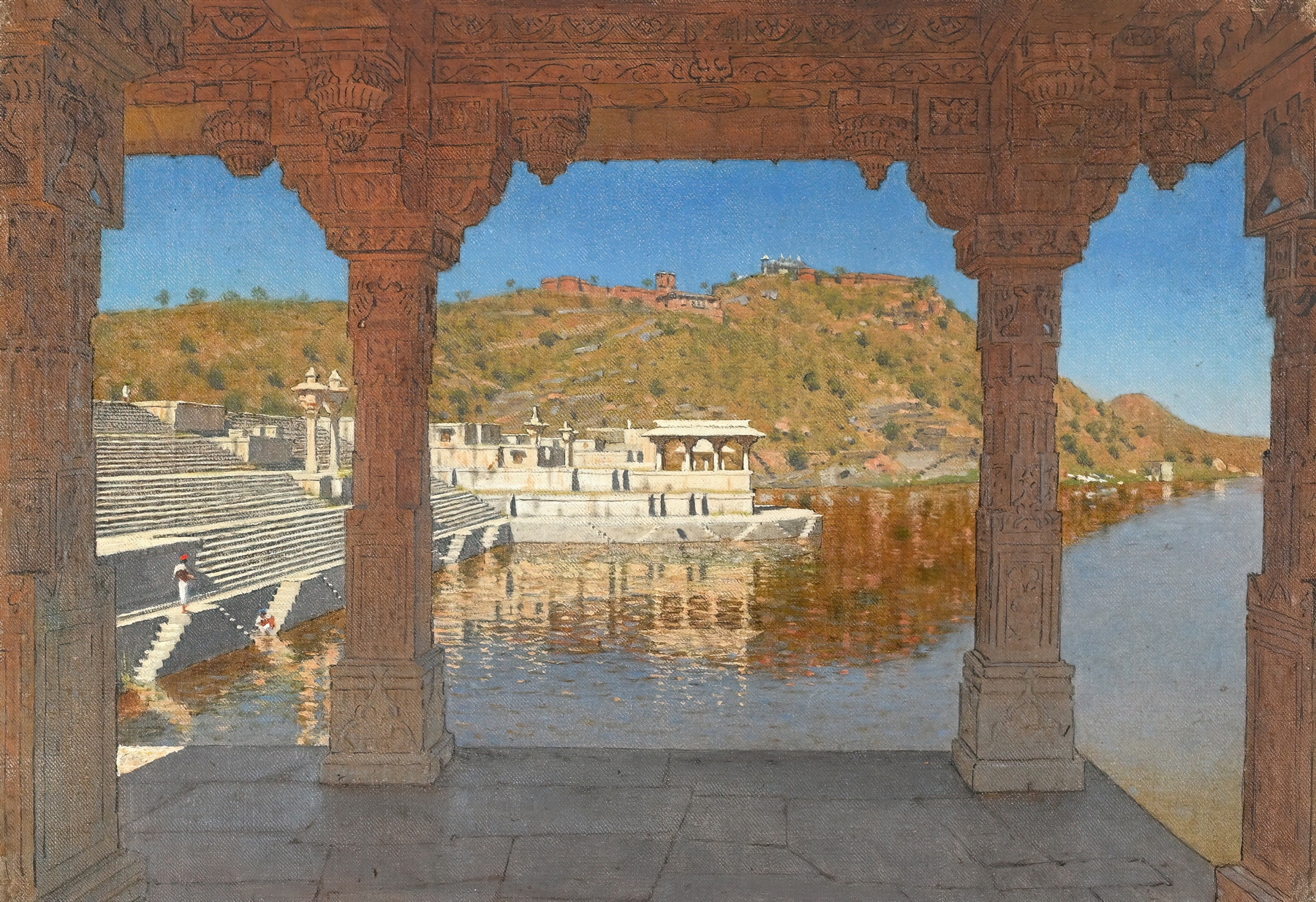 Rajnagar. Marble Embankment Decorated with Bas-Reliefs on a Lake in Udaipur, by Vasily Vereshchagin, public domain