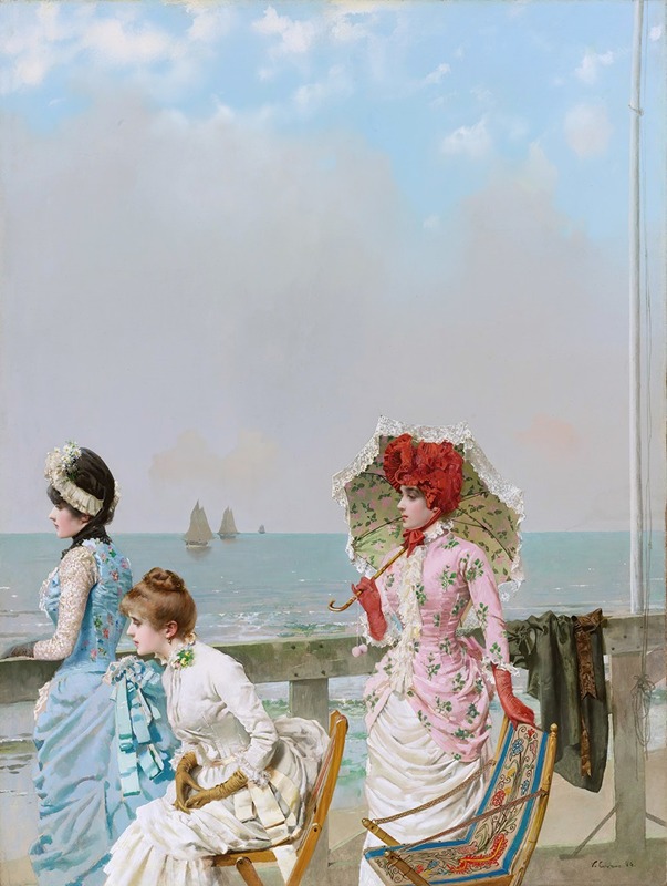A serene coastal scene by Vittorio Matteo Corcos.