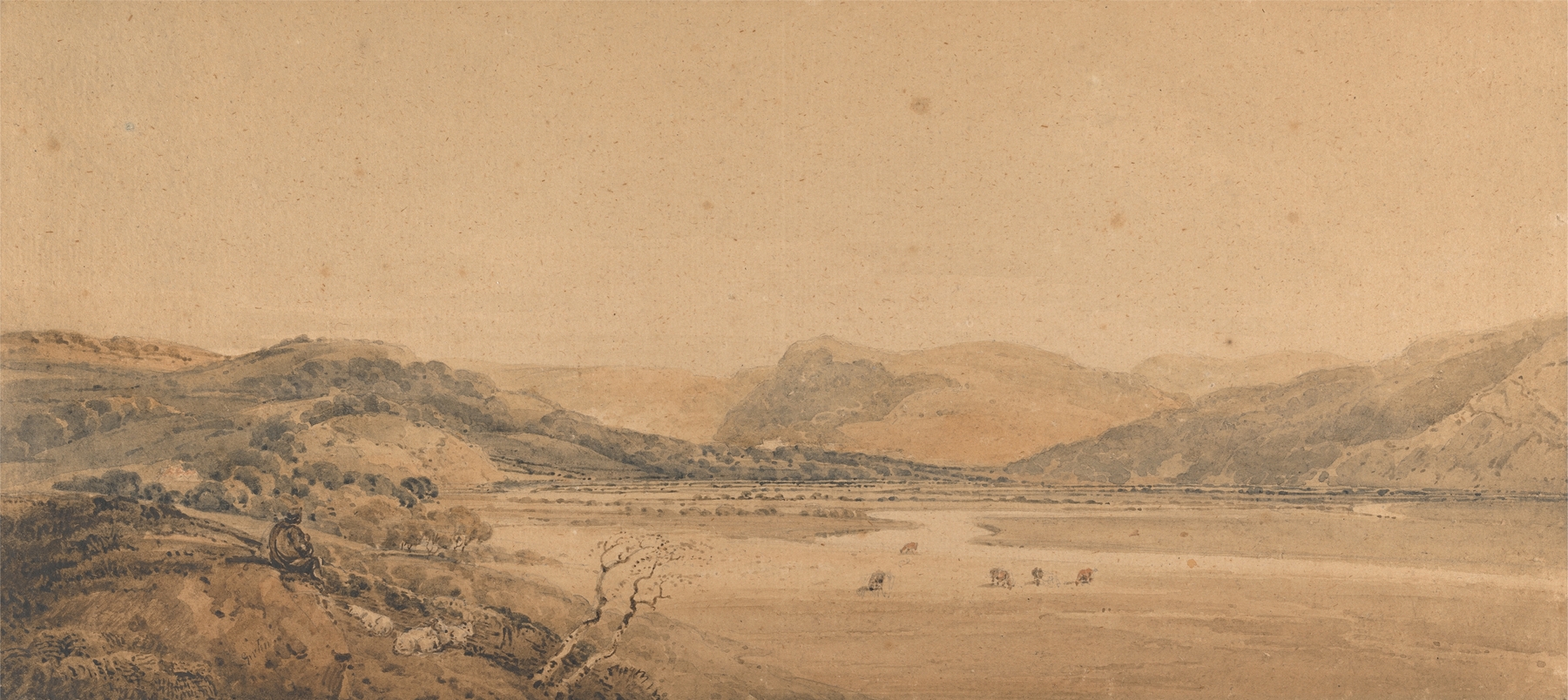 Landscape depicting a valley with a river and mountains by Thomas Girtin, oil painting