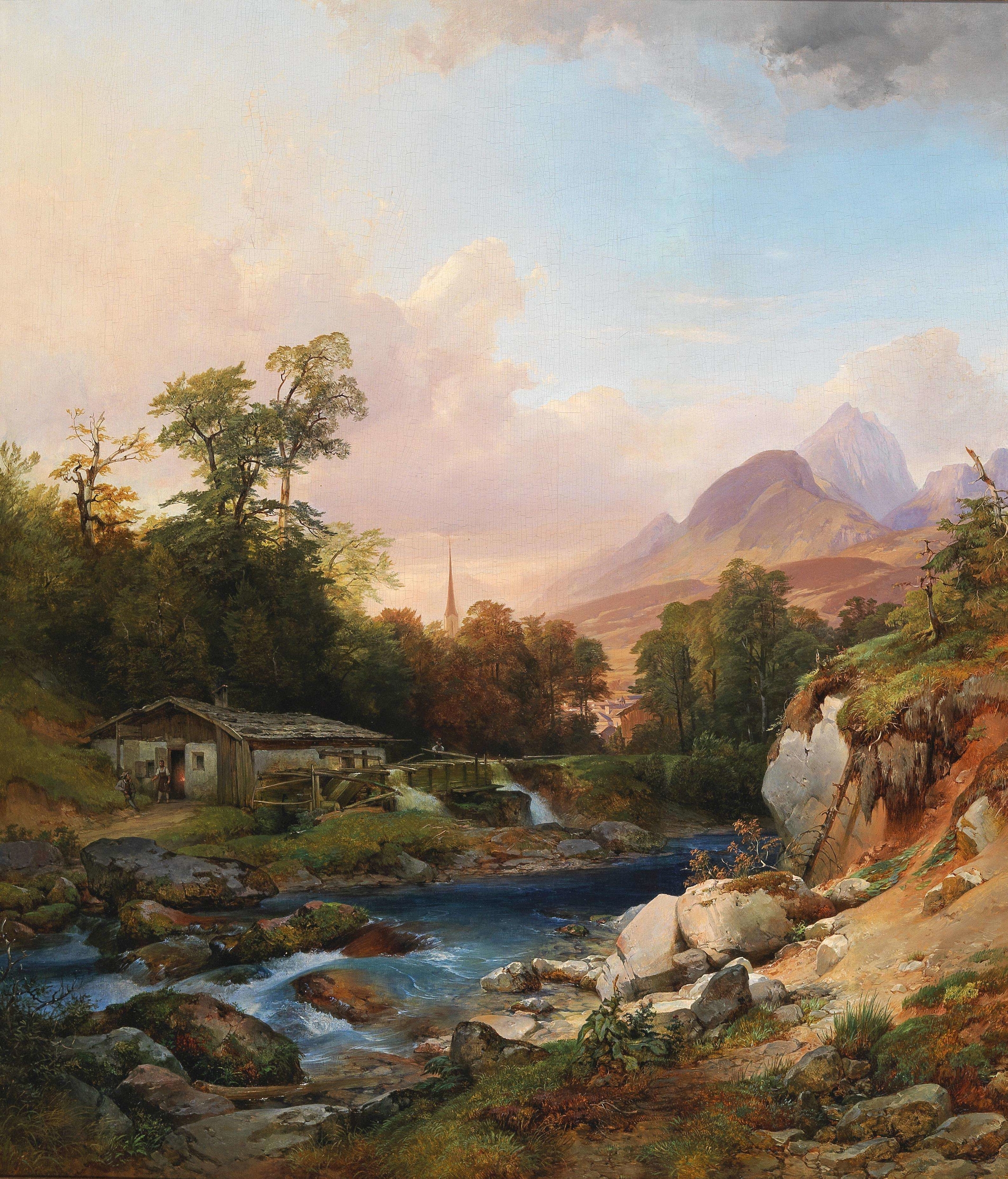 A Mountain Landscape With A Smithy, oil on canvas by Anton Hansch