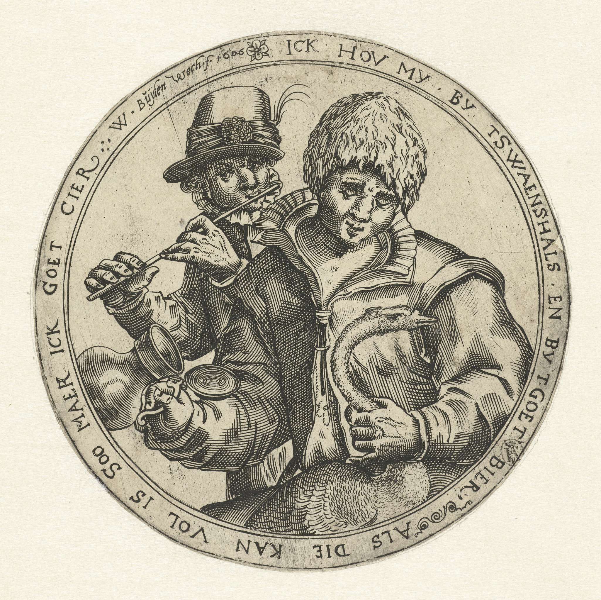 Man met een zwaan en kruik en een fluitspeler, by Willem Pietersz Buytewech, public domain