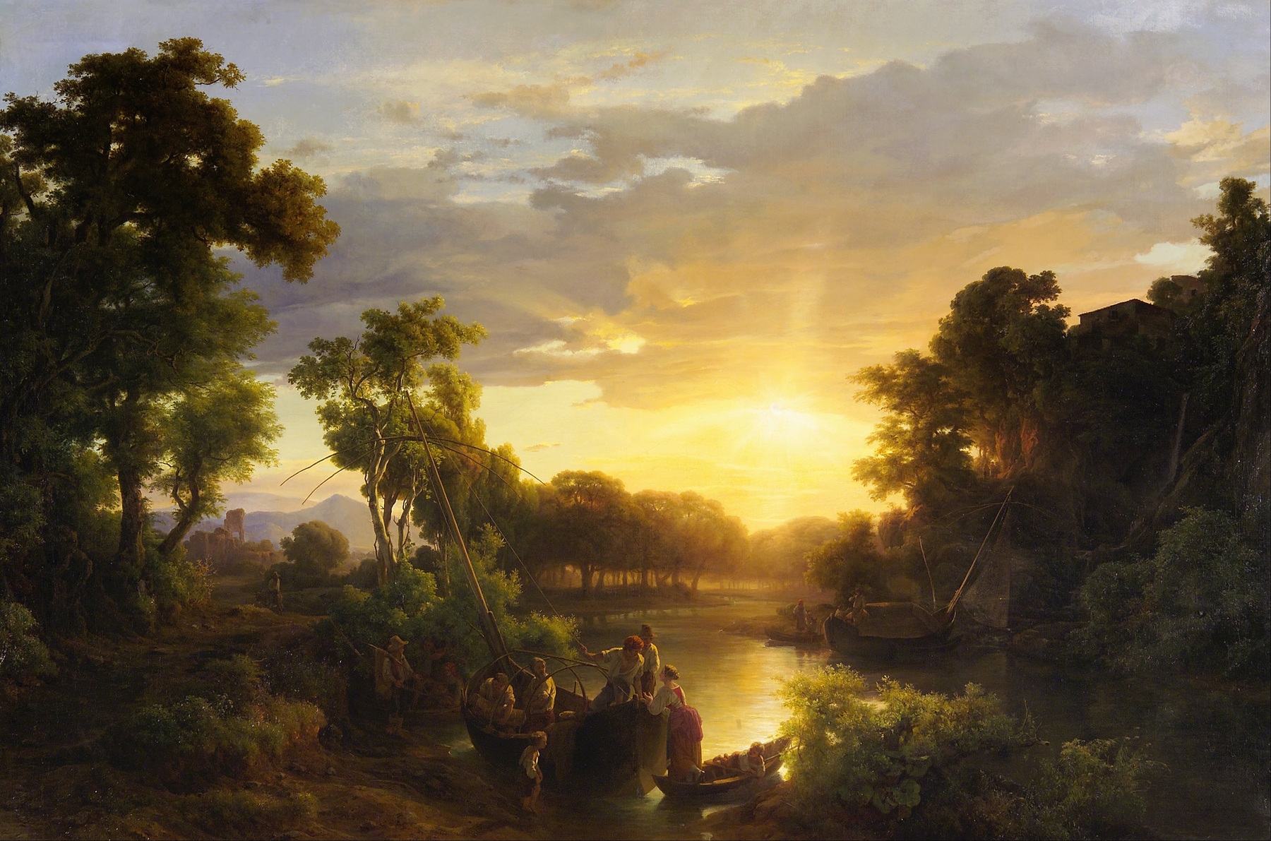 Oil painting by Károly Markó depicting fishermen at sunset over a river.