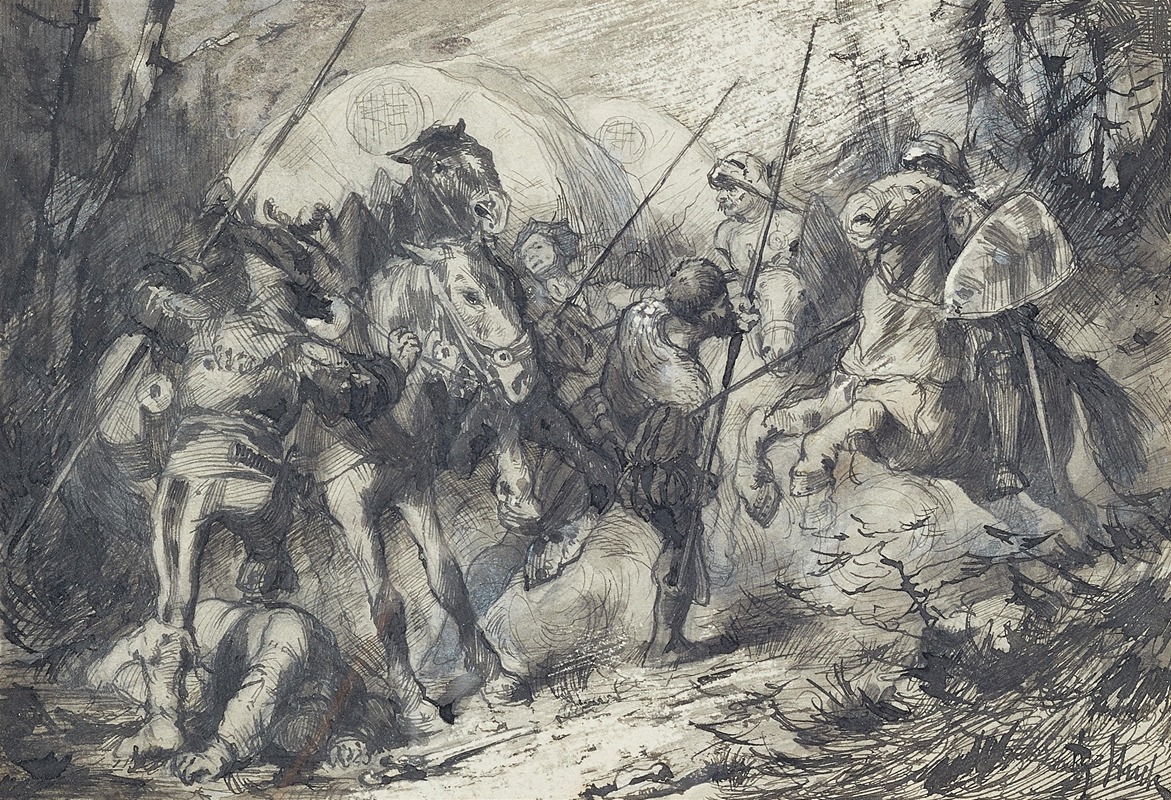 Franz von Stuck's 'Reiterschlacht' captures a dramatic battle scene with dynamic figures.