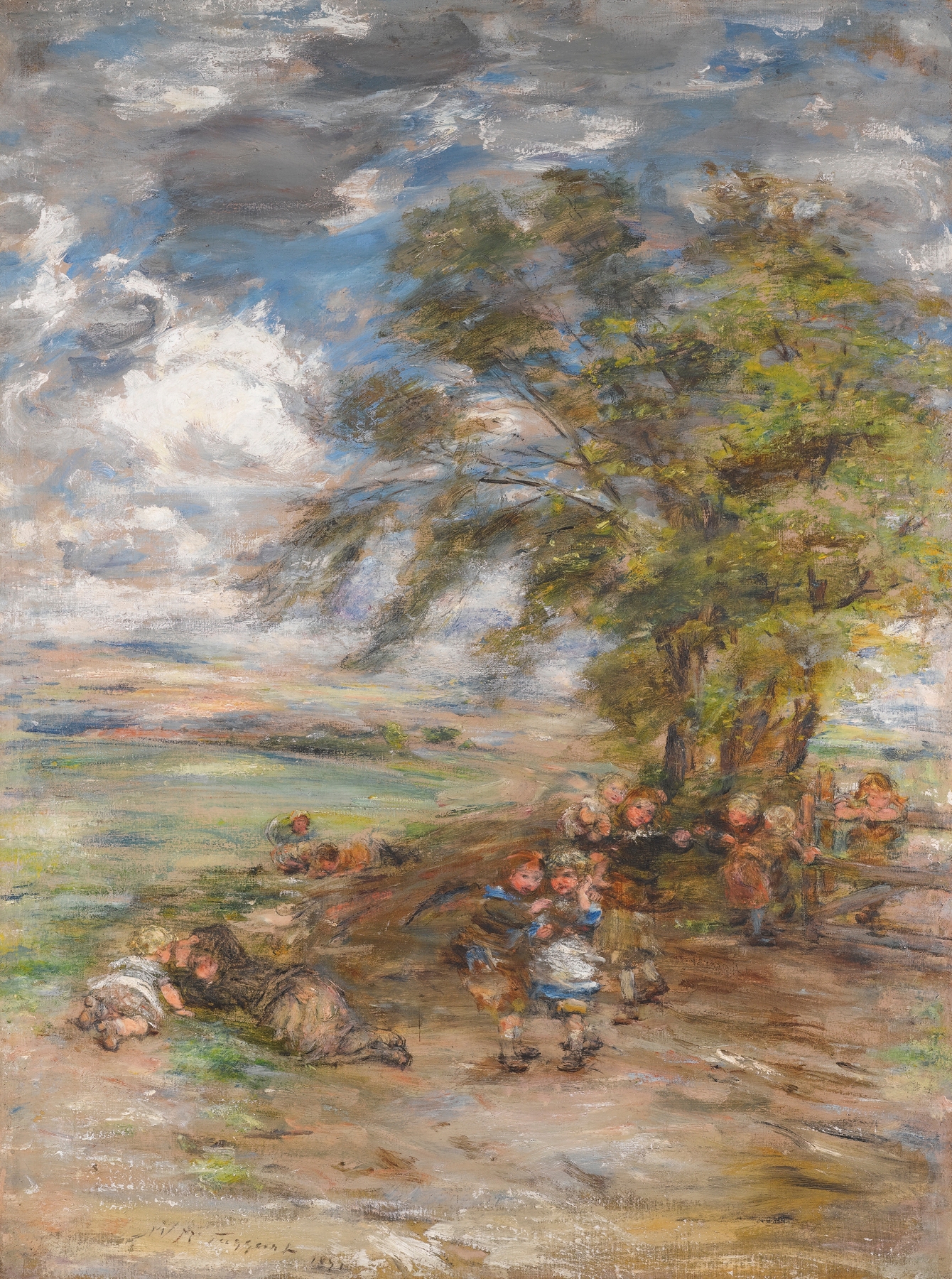 Oil painting by William Mctaggart depicting a figure at the shoreline during twilight.