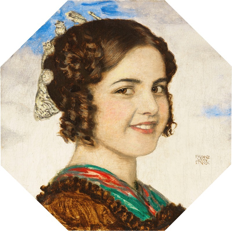 This painting depicts a young girl with a serene expression.
