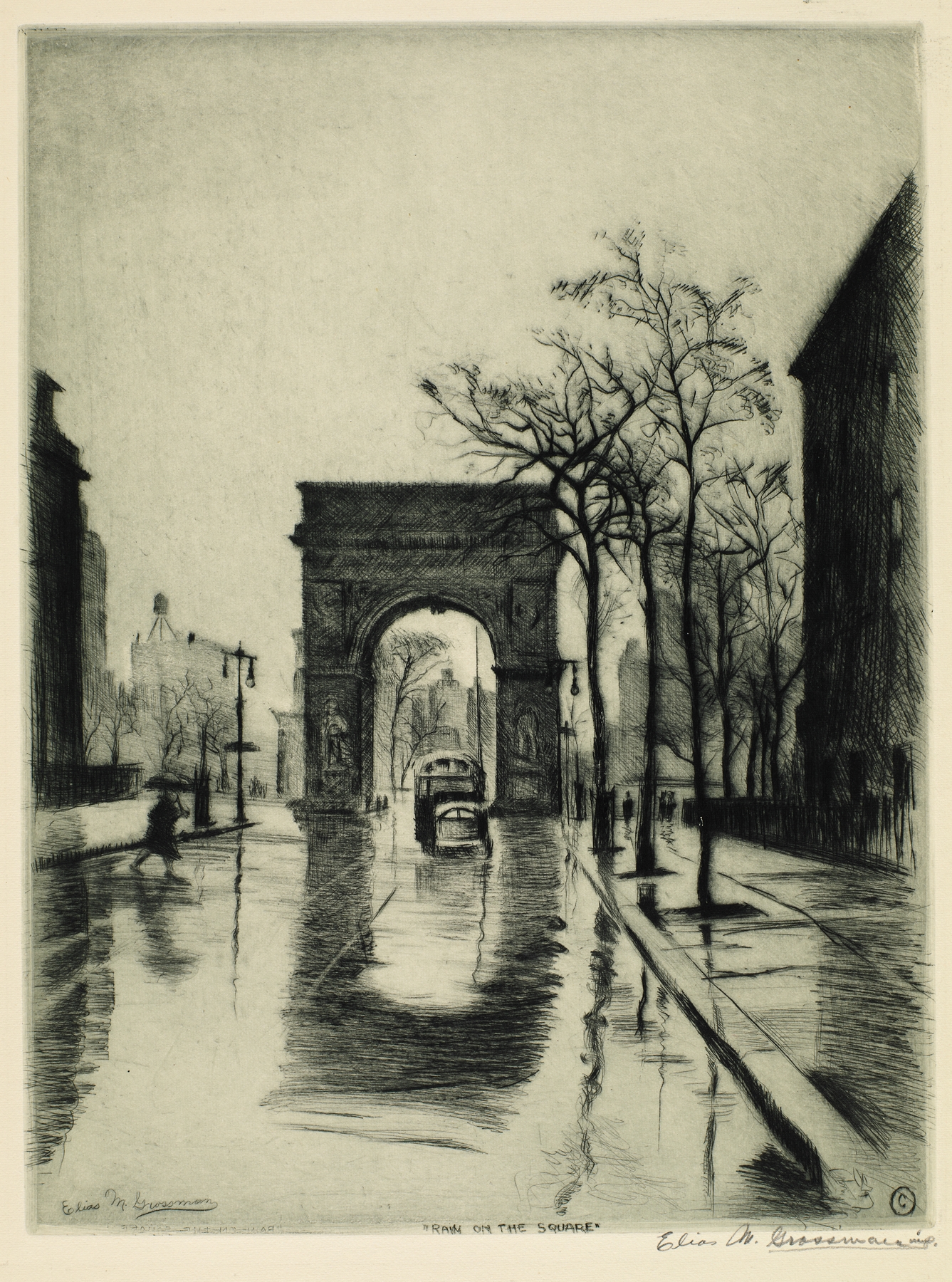 Rain on the Square by Elias Grossman, oil on canvas depicting a reflective square with umbrellas and figures.