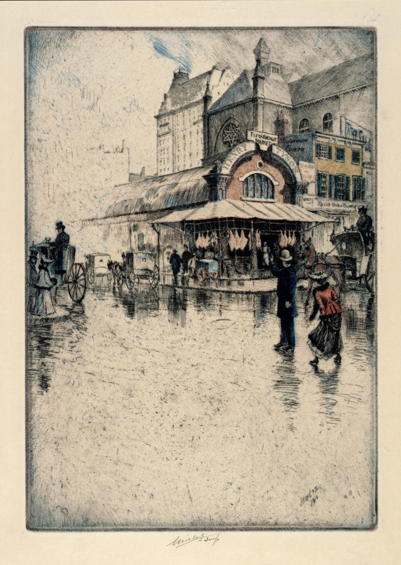 Etching by Charles Frederick William Mielatz depicting an interior butcher shop with hanging meats.