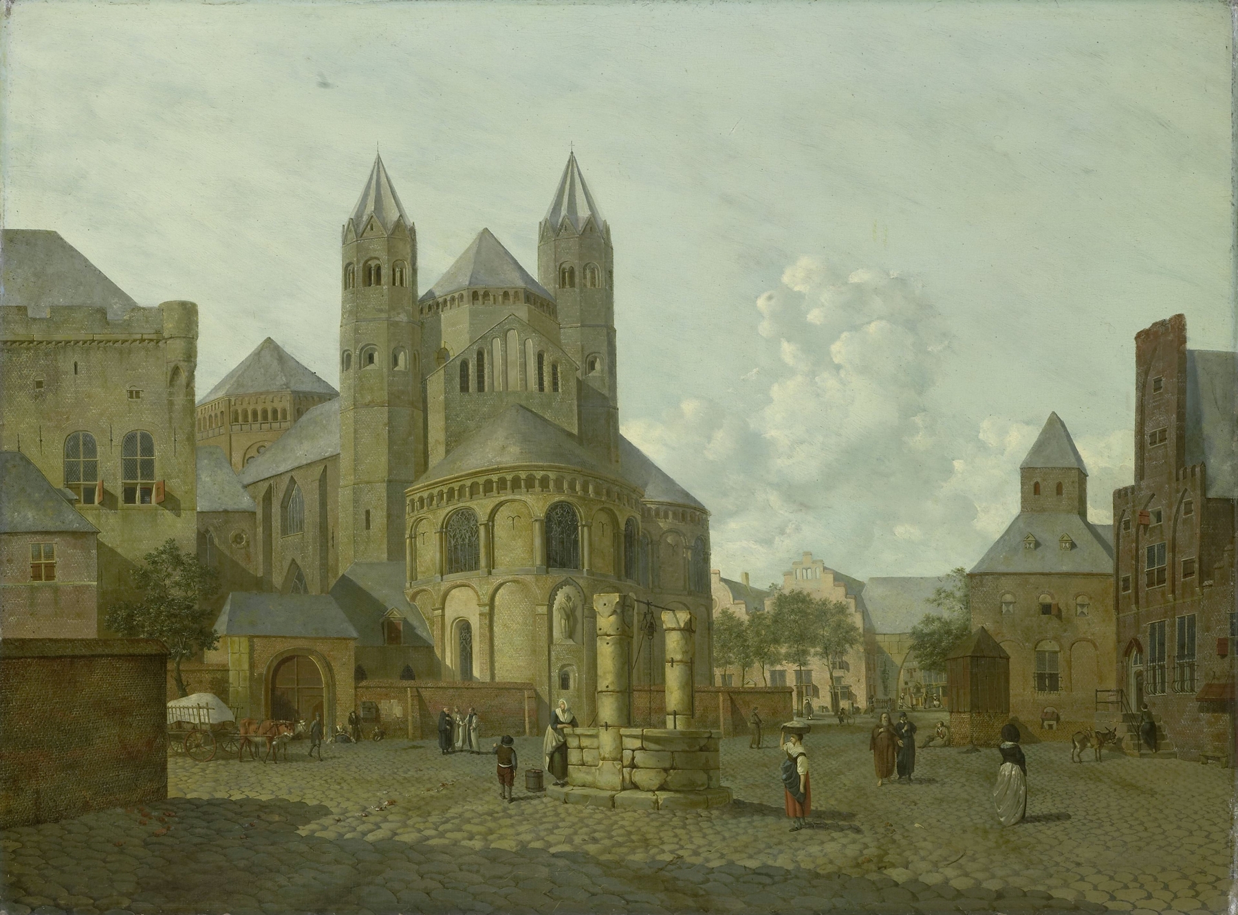 Romanticism artwork featuring a cityscape with a Romanesque church by Johannes Huibert Prins