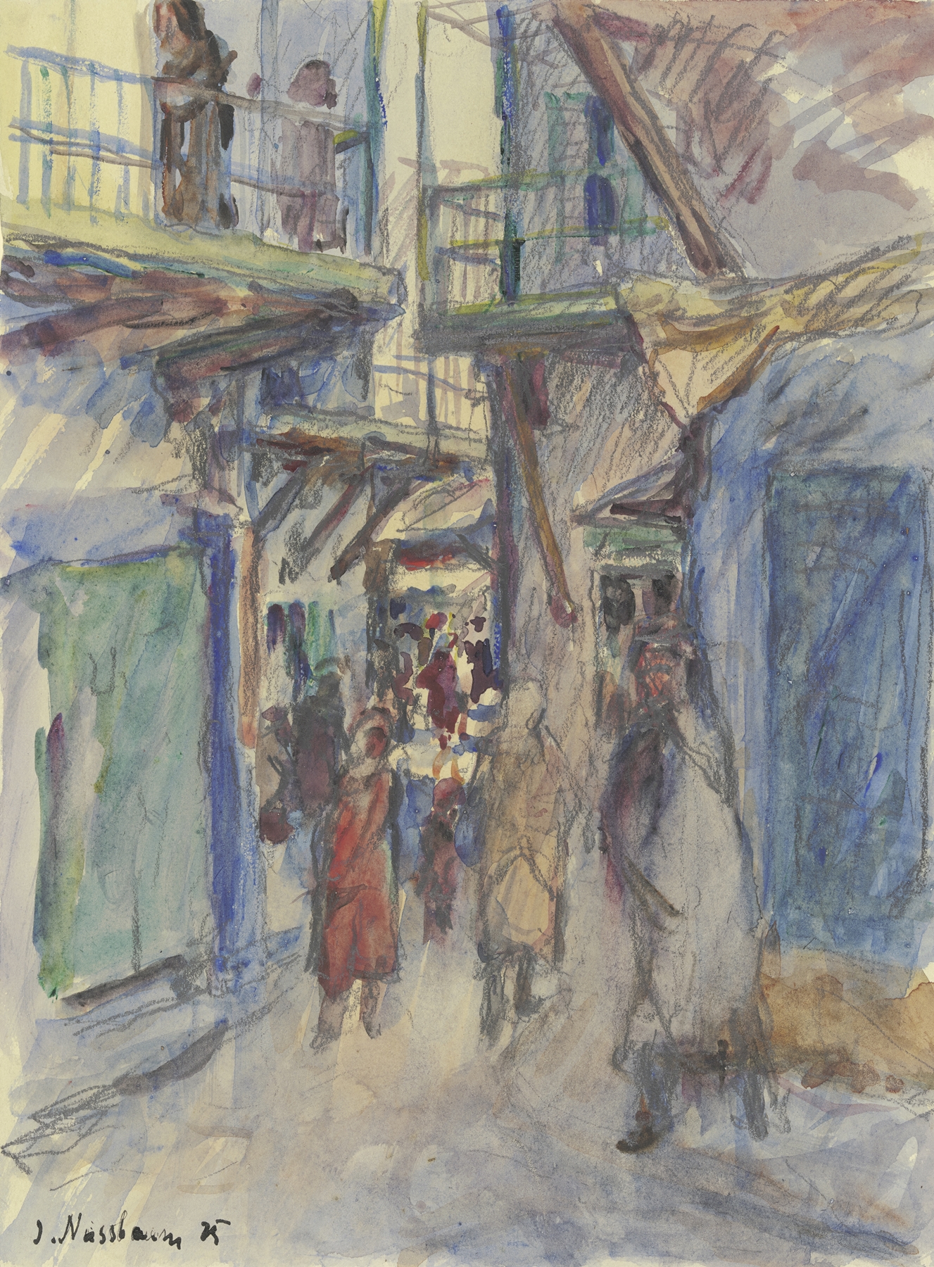 Figurative scene of a solitary figure on a cobbled street, oil painting by Jakob Nussbaum