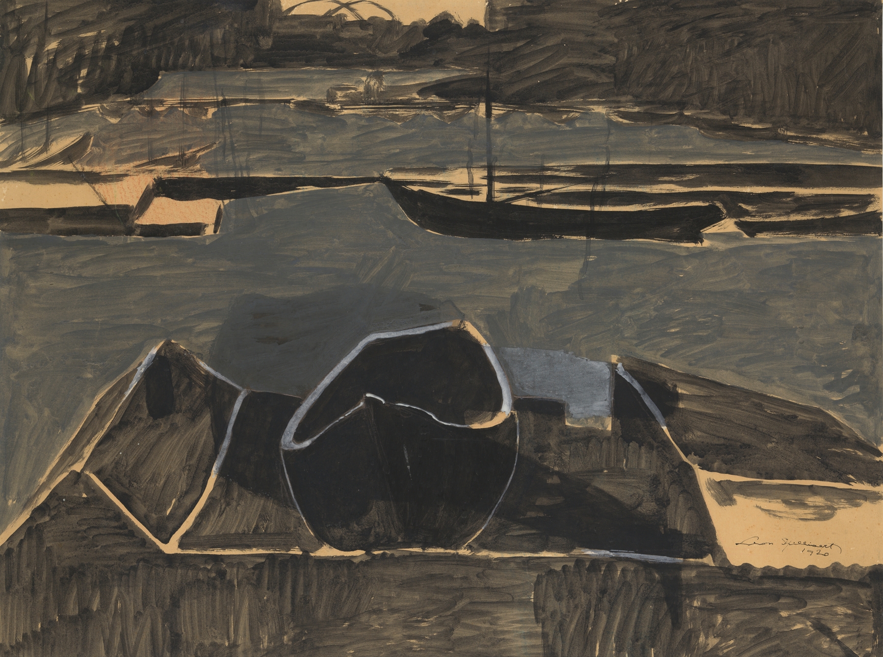 Marine scene with a solitary figure at twilight, oil painting by Léon Spilliaert