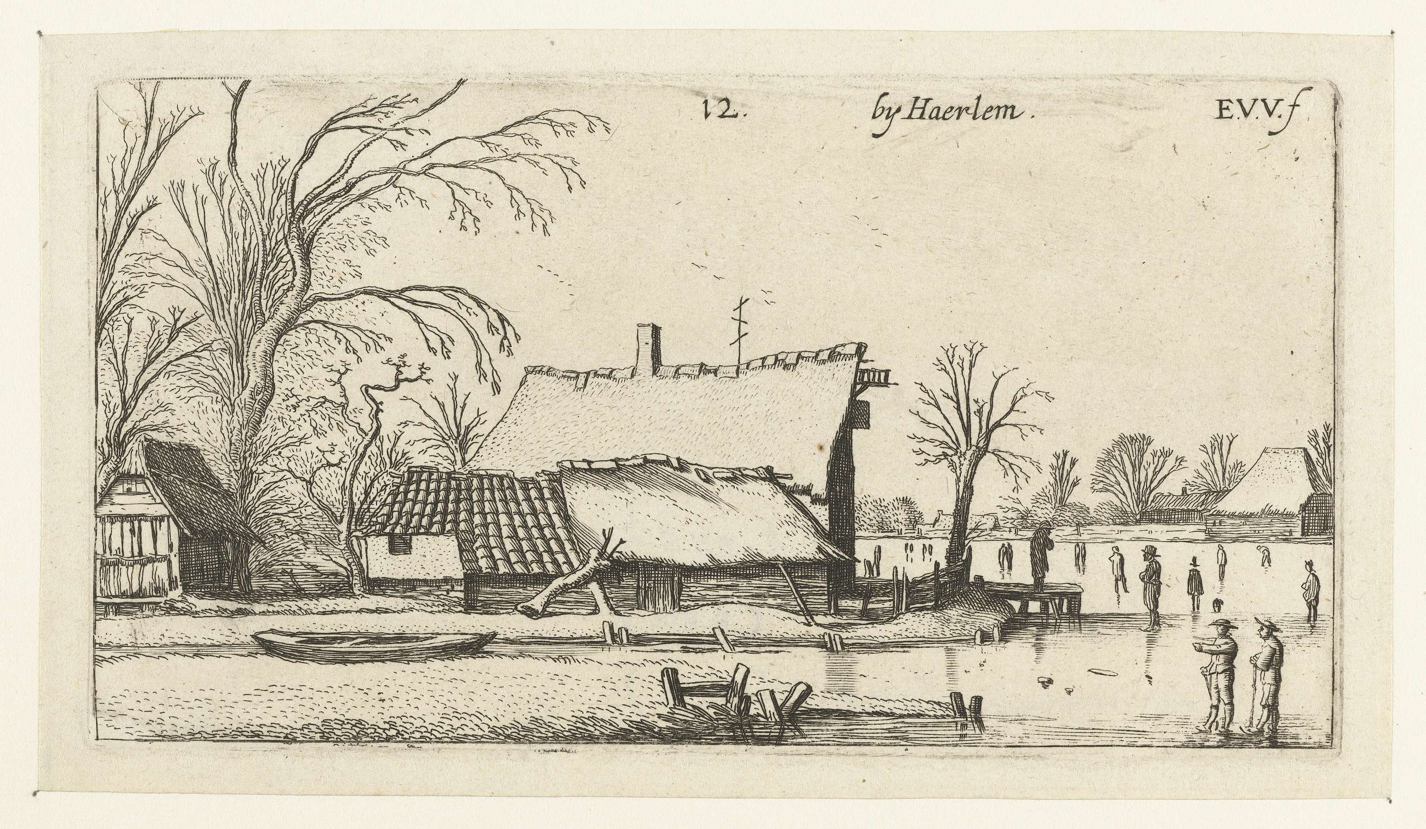 Boerderij bij een bevroren rivier met schaatsers, by Esaias van de Velde, public domain