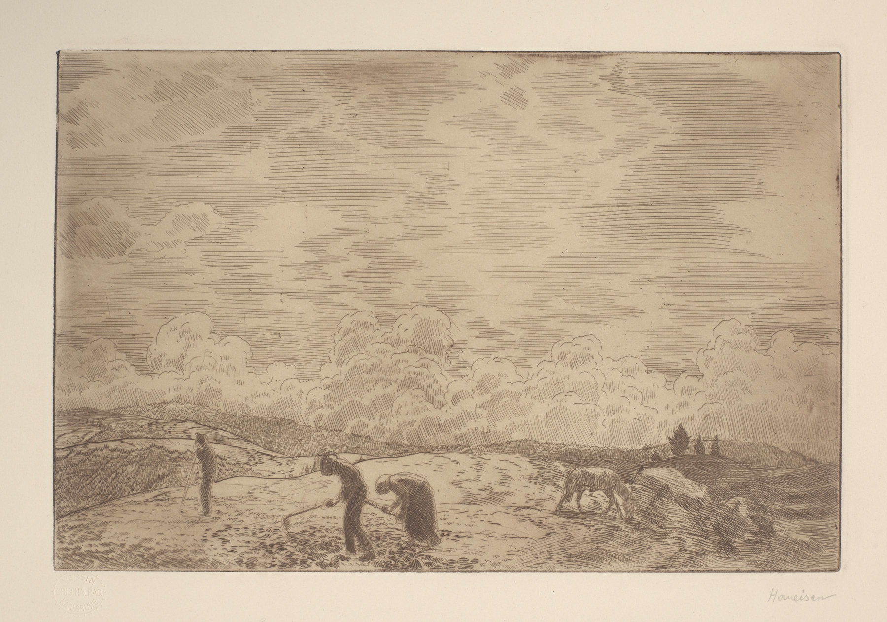 Feldarbeit by Albert Haueisen, oil on canvas depicting a farmer working in a field.