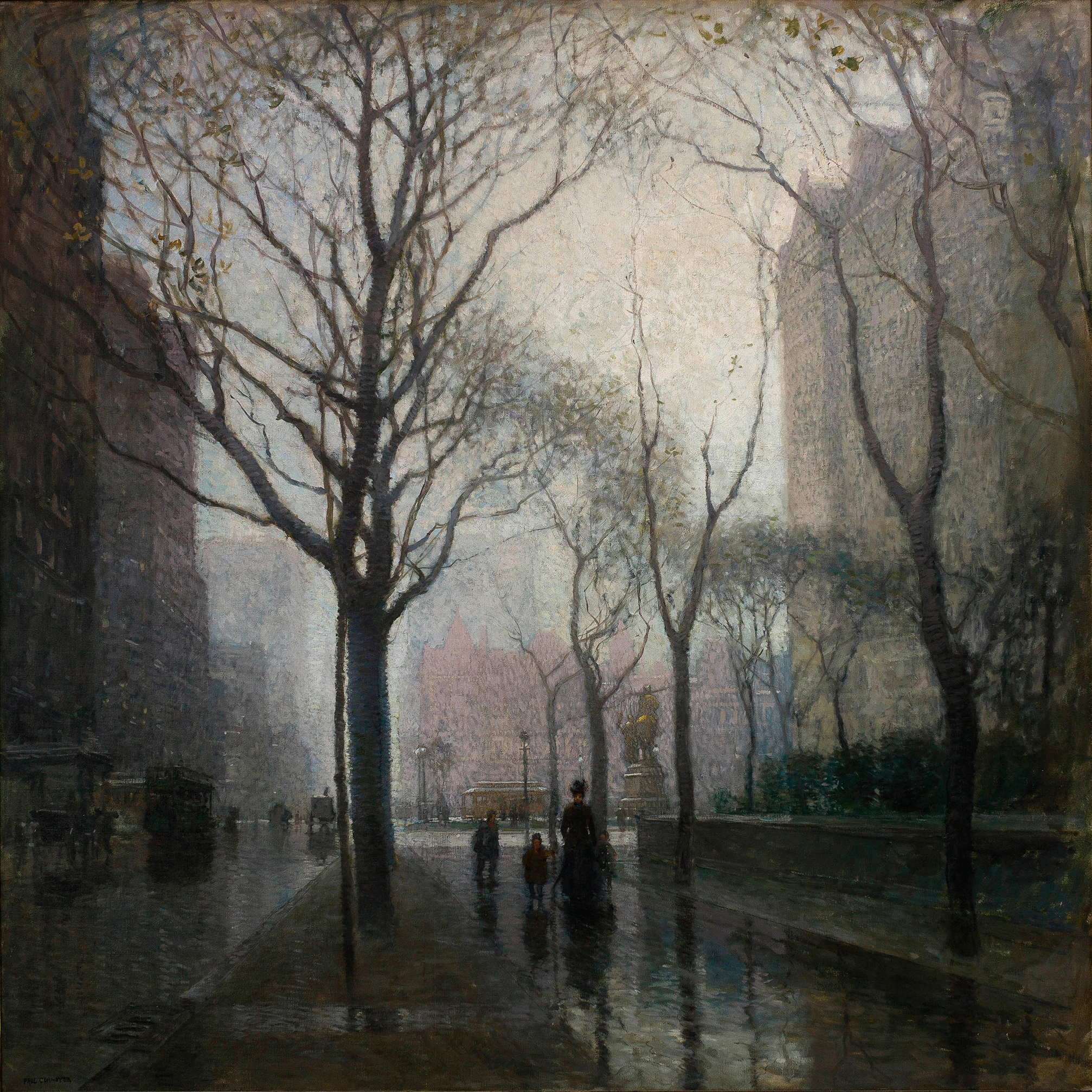 The Plaza after the Rain, oil on canvas by Paul Cornoyer, depicts a rain-soaked city with reflections.