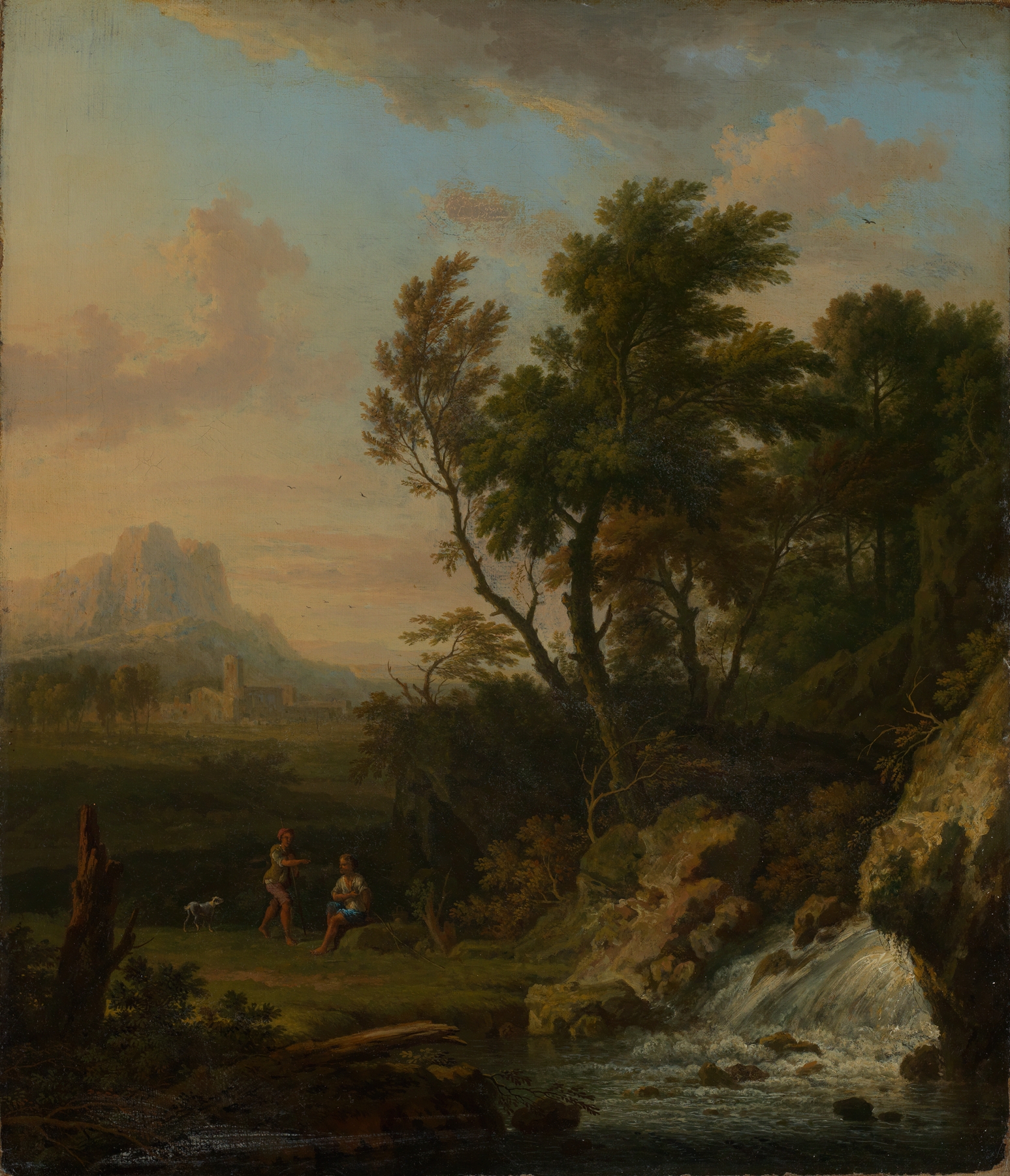Italienische Landschaft mit Wasserfall und rastenden Hirten, by Jan van Huysum, public domain