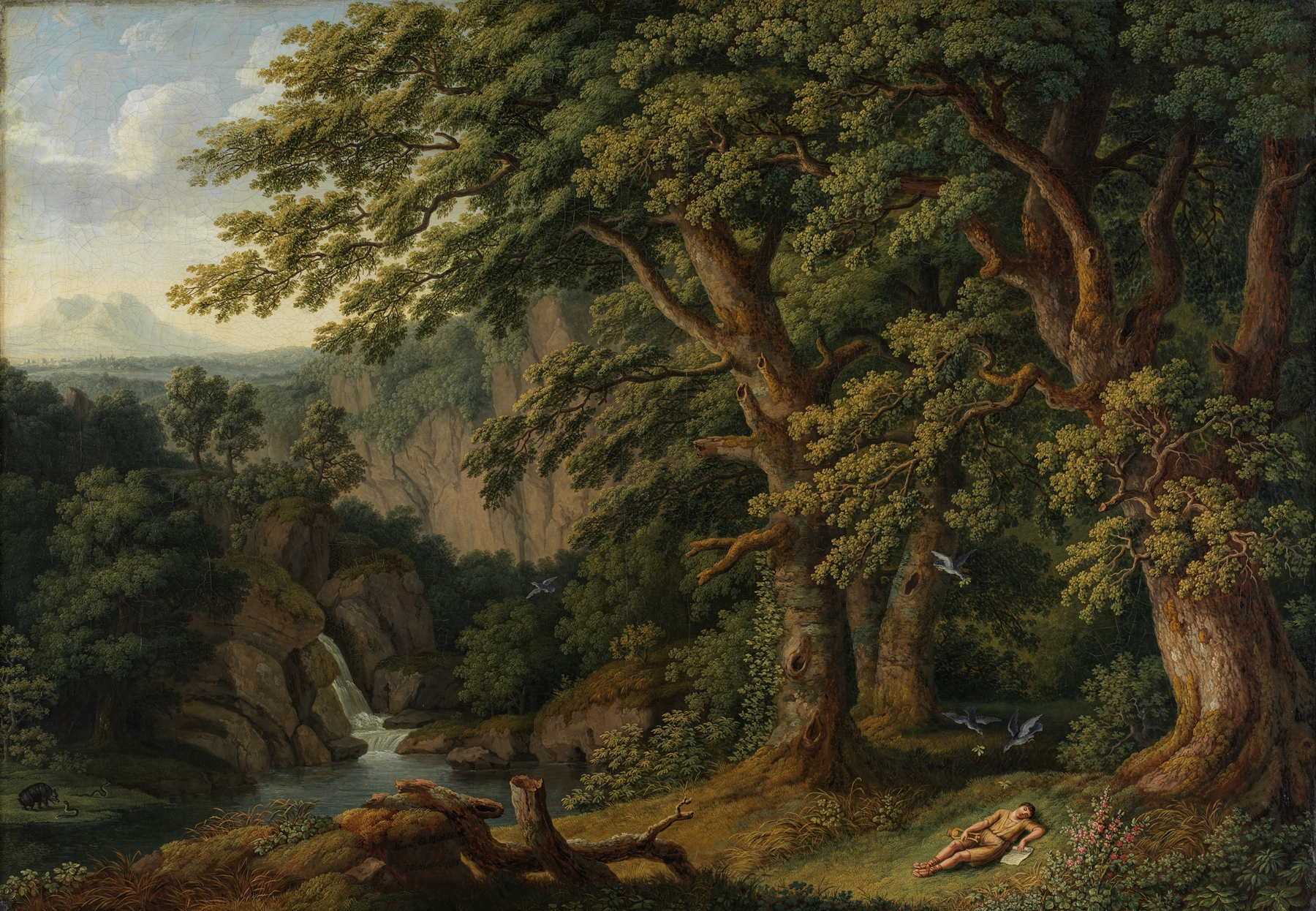 Waldlandschaft mit dem schlafenden, von Tauben behüteten Knaben Horaz, by Jacob Philipp Hackert, public domain