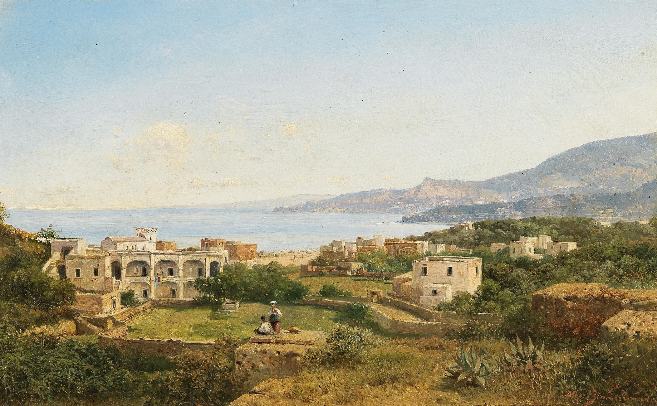 Landscape oil painting by Albert Zimmermann depicting golden light over hills and tranquil waters