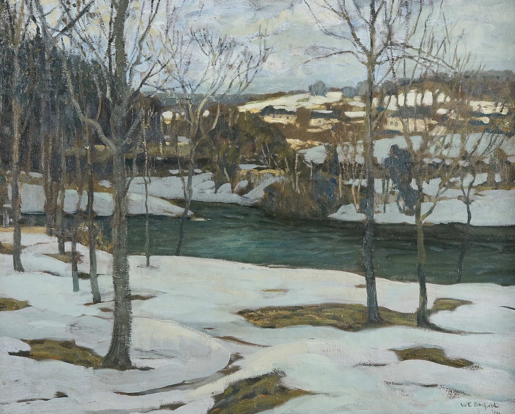 River in Snow by Walter Elmer Schofield, oil painting depicting a snowy landscape with a river