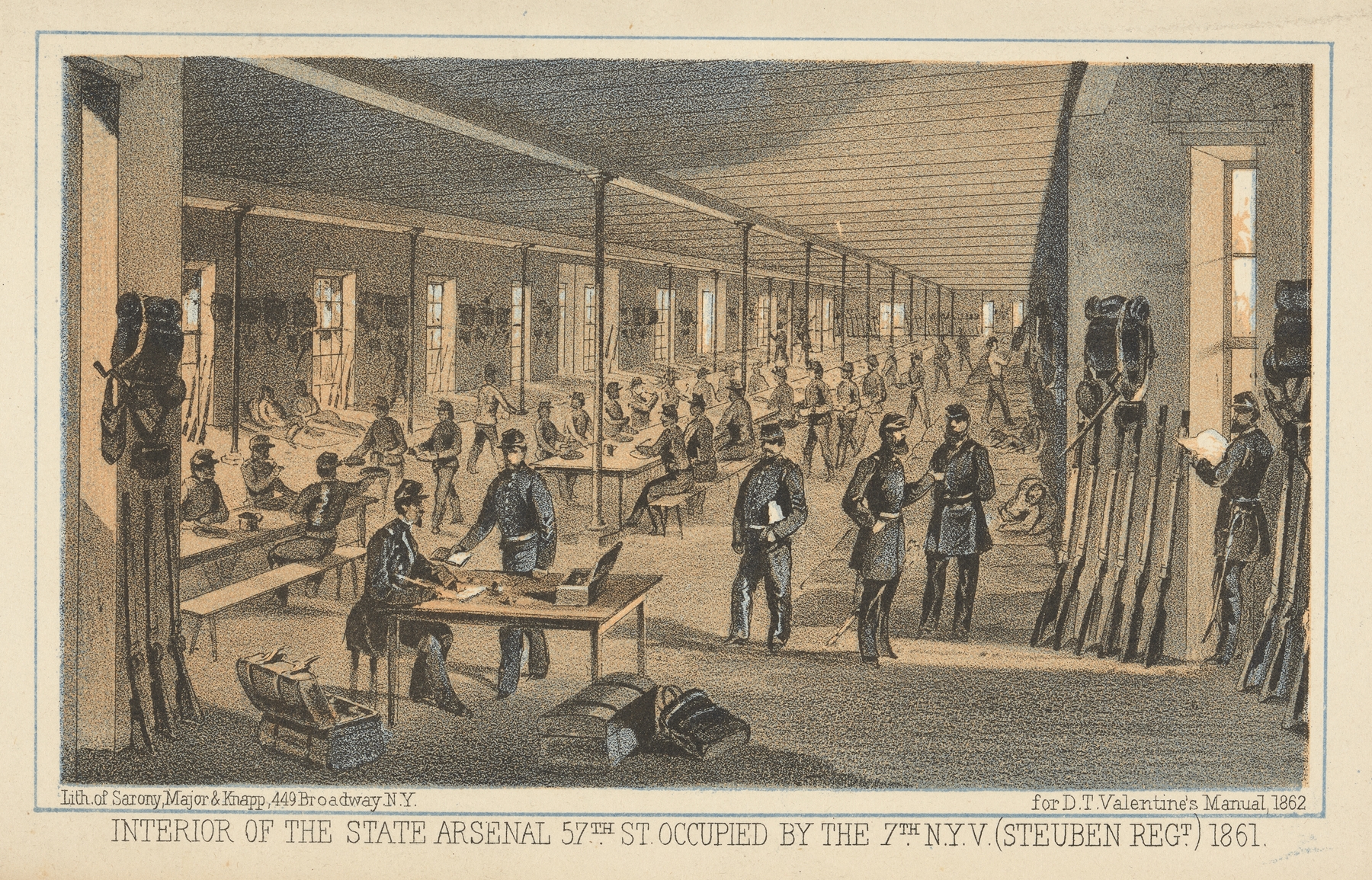 Lithograph by Sarony, Major & Knapp depicting soldiers in formation inside an arsenal