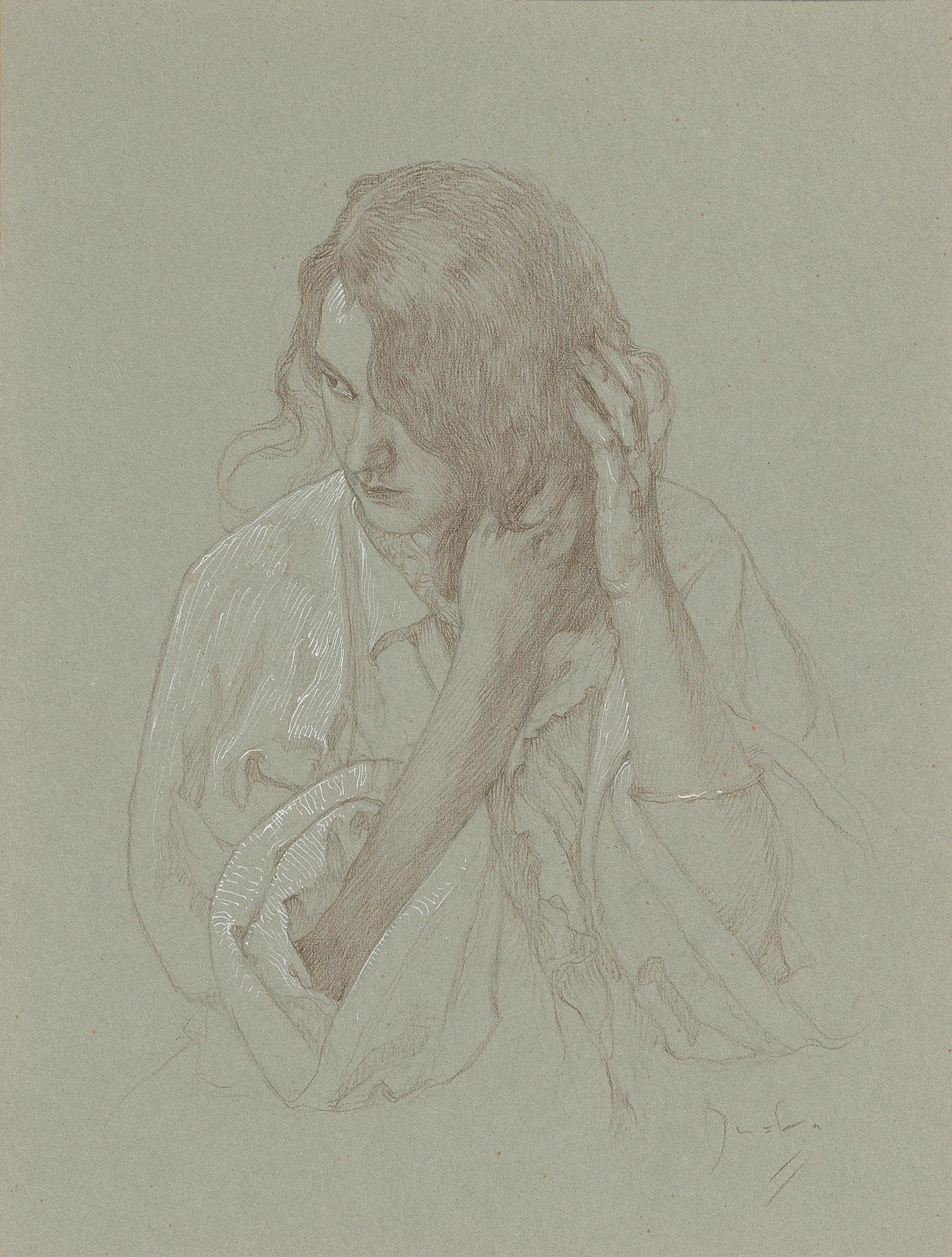 Portrait of a girl with hands in hair, by Alphonse Mucha, public domain
