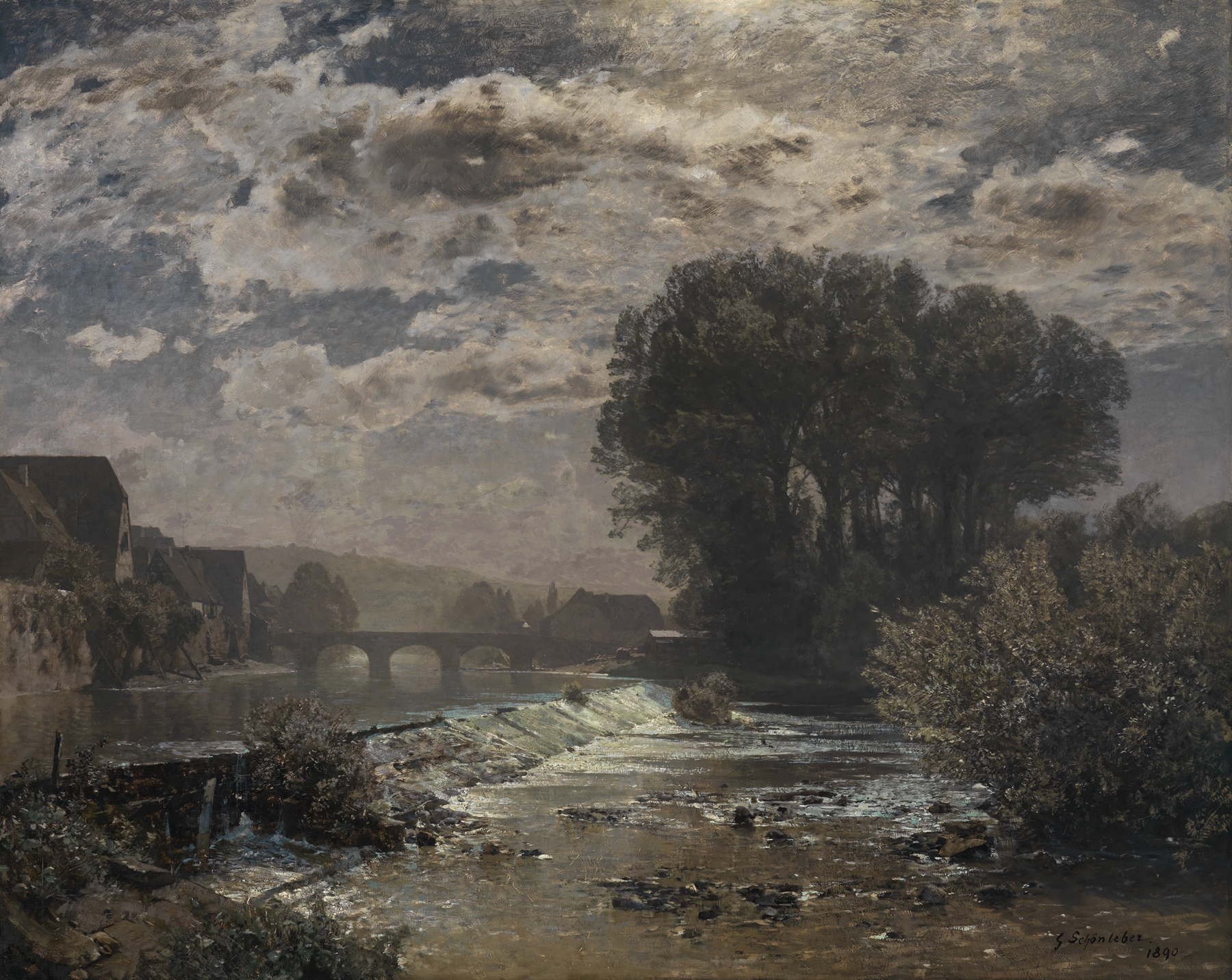 Oil painting by Gustav Schönleber depicting twilight over the Enzwehr river.