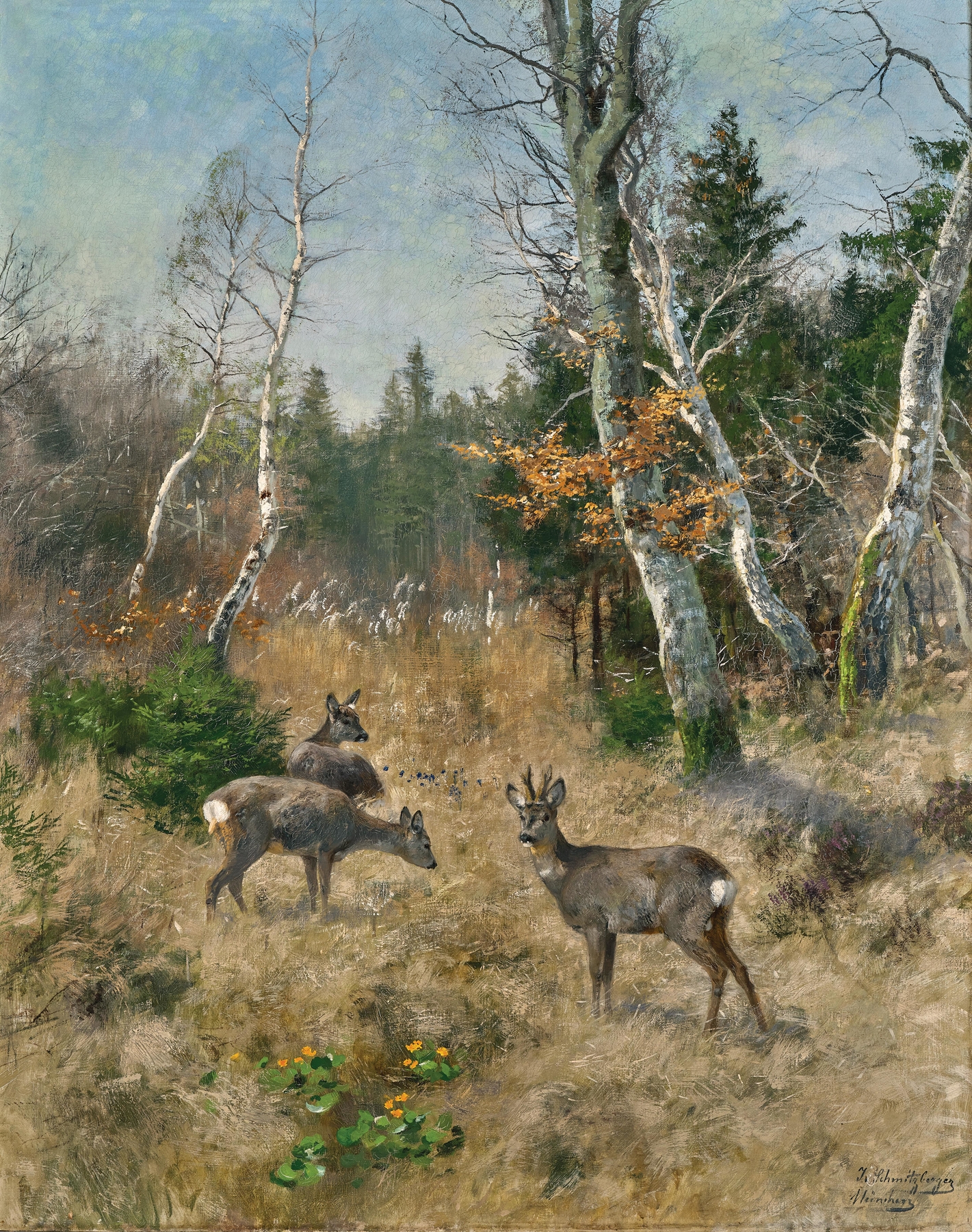Red deer in a forest glade, oil on canvas by Josef Schmitzberger
