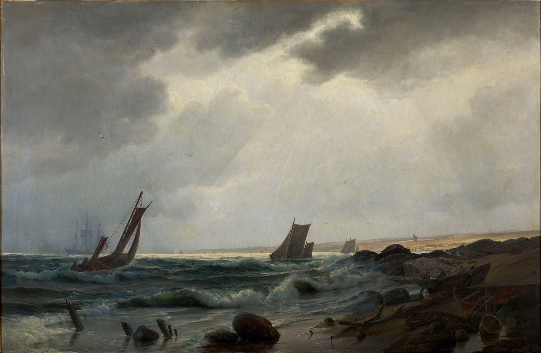 Coastal scene by Holger Drachmann, oil on canvas, depicting waves and light.