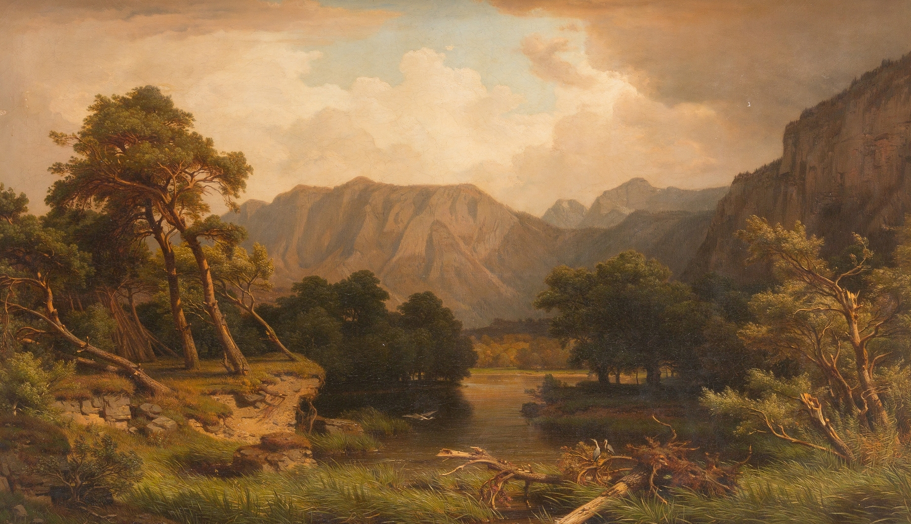 Mountain lake with herons, oil on canvas by Heinrich Funk