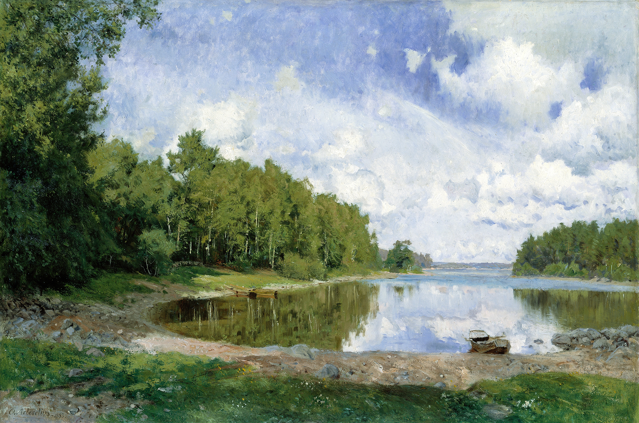 Lake View at Engelsberg, Västmanland by Olof Arborelius, oil painting depicting tranquil water and trees