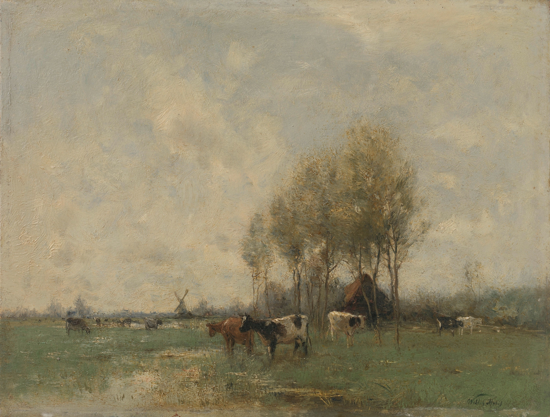Weide met koeien by Willem Maris, oil on canvas depicting cows grazing in a meadow at dusk