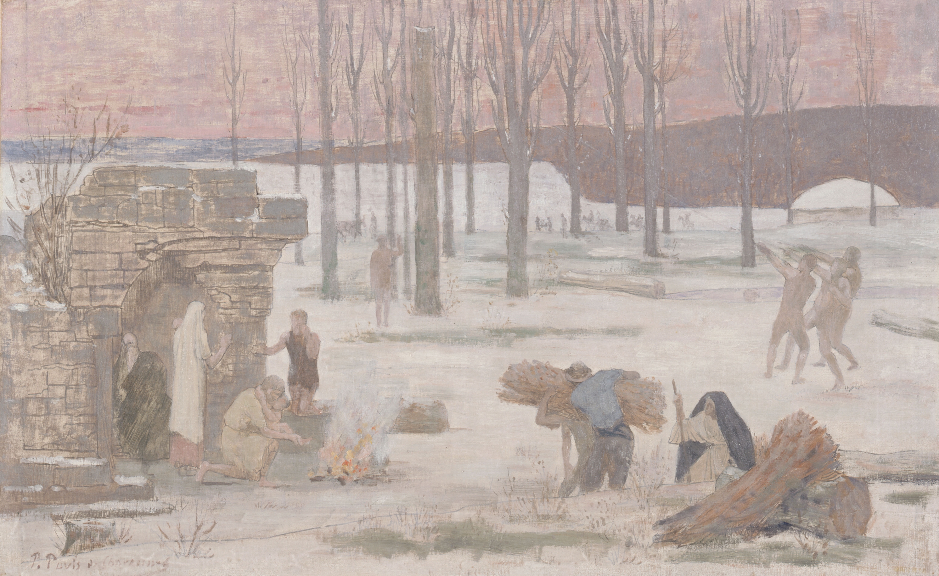 Winter by Pierre Puvis de Chavannes, oil on canvas depicting a snow-covered landscape with trees.