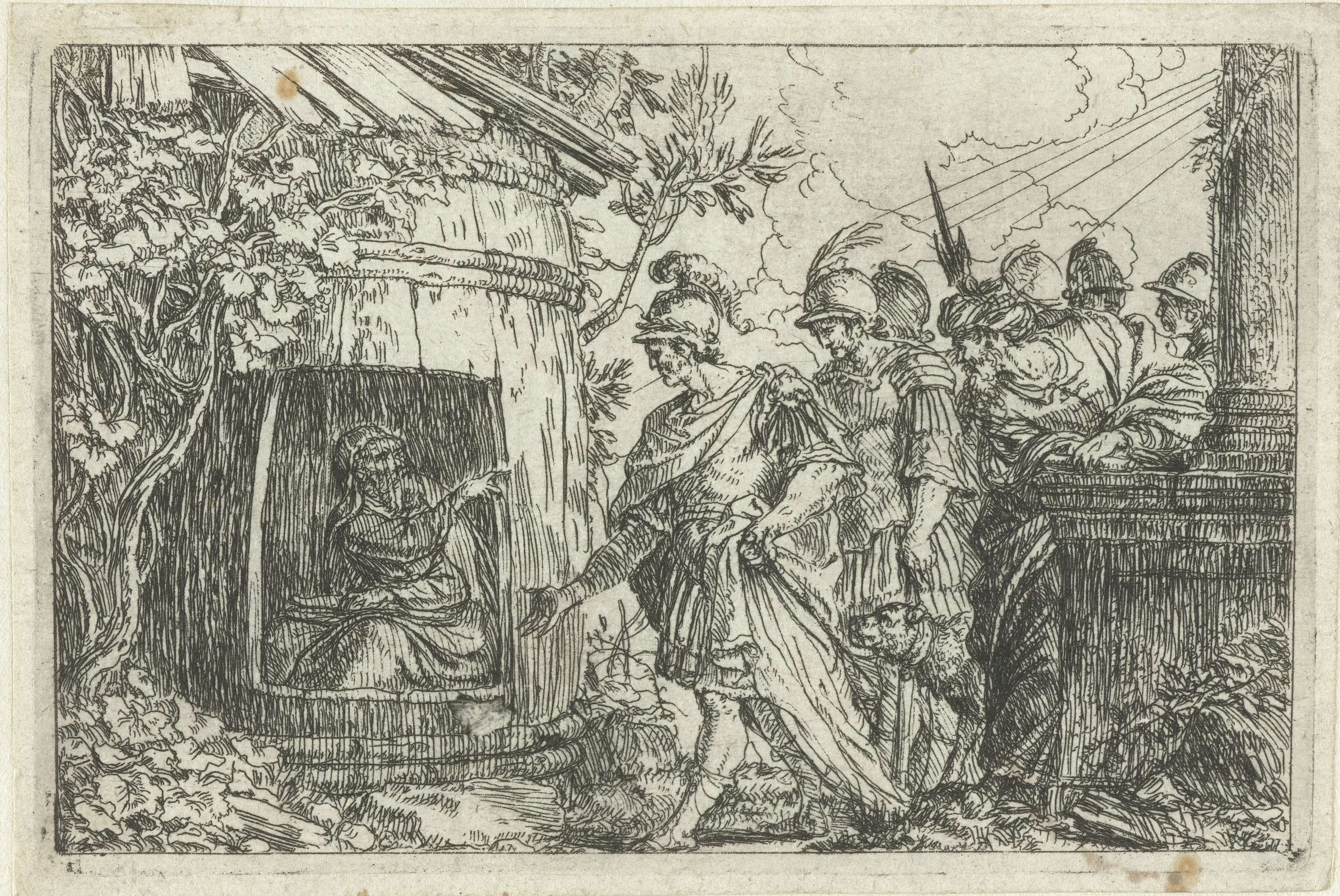 Diogenes vraagt Alexander de Grote uit de zon te gaan, etching by Jonas Umbach, depicting a philosopher and a conqueror.
