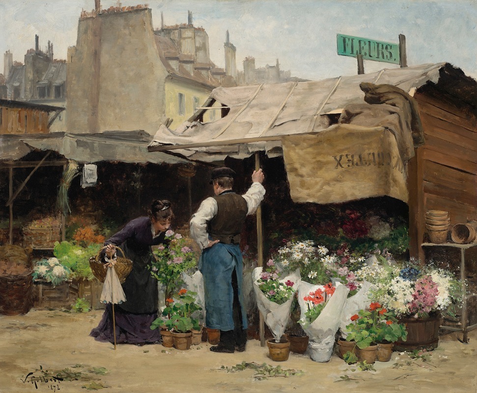 Oil painting by Victor Gabriel Gilbert depicting a vibrant flower market scene.