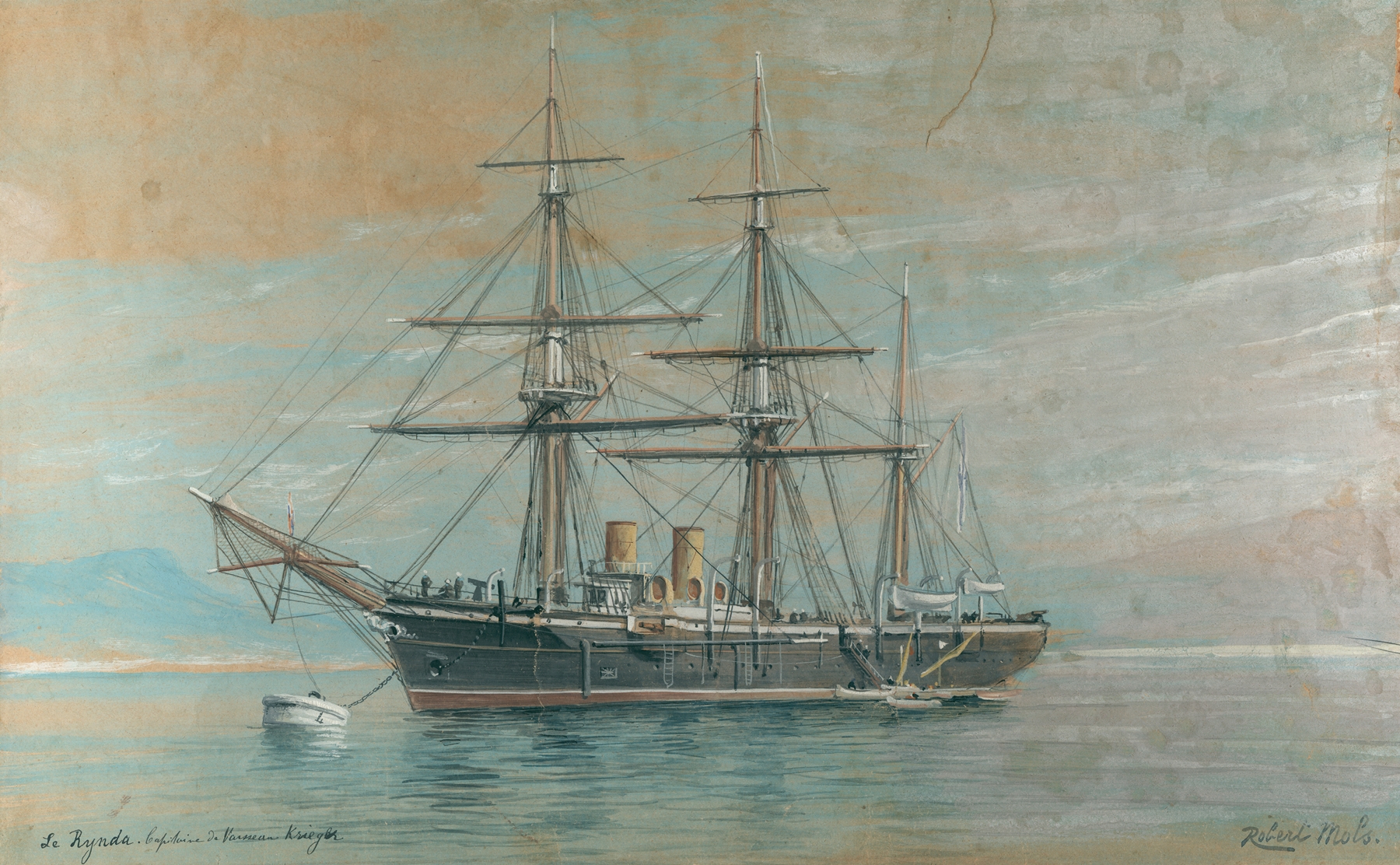 De bark ‘Le Rynda’ by Robert Mols, oil on canvas depicting a ship sailing through waves