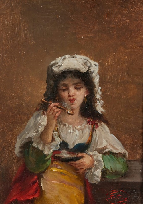 A depiction of a woman serving soup in a domestic setting.