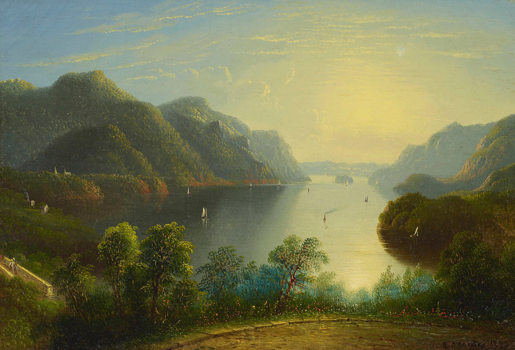 View of the Hudson Near West Point, oil on canvas by Edmund C. Coates, featuring a river and trees at sunset.