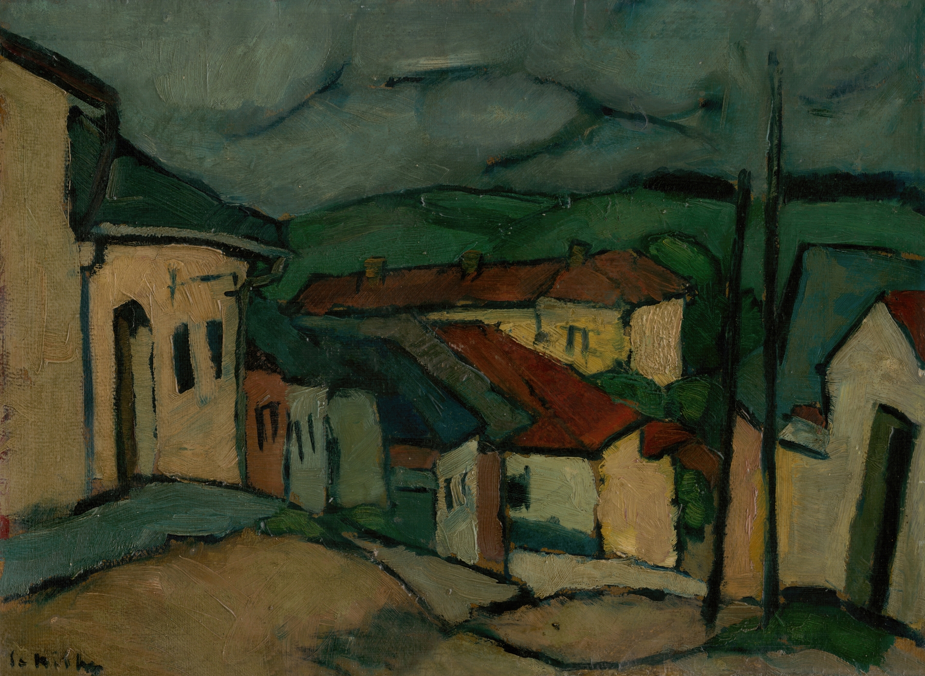 Architecture scene with gold tones, oil on canvas by Gejza Schiller