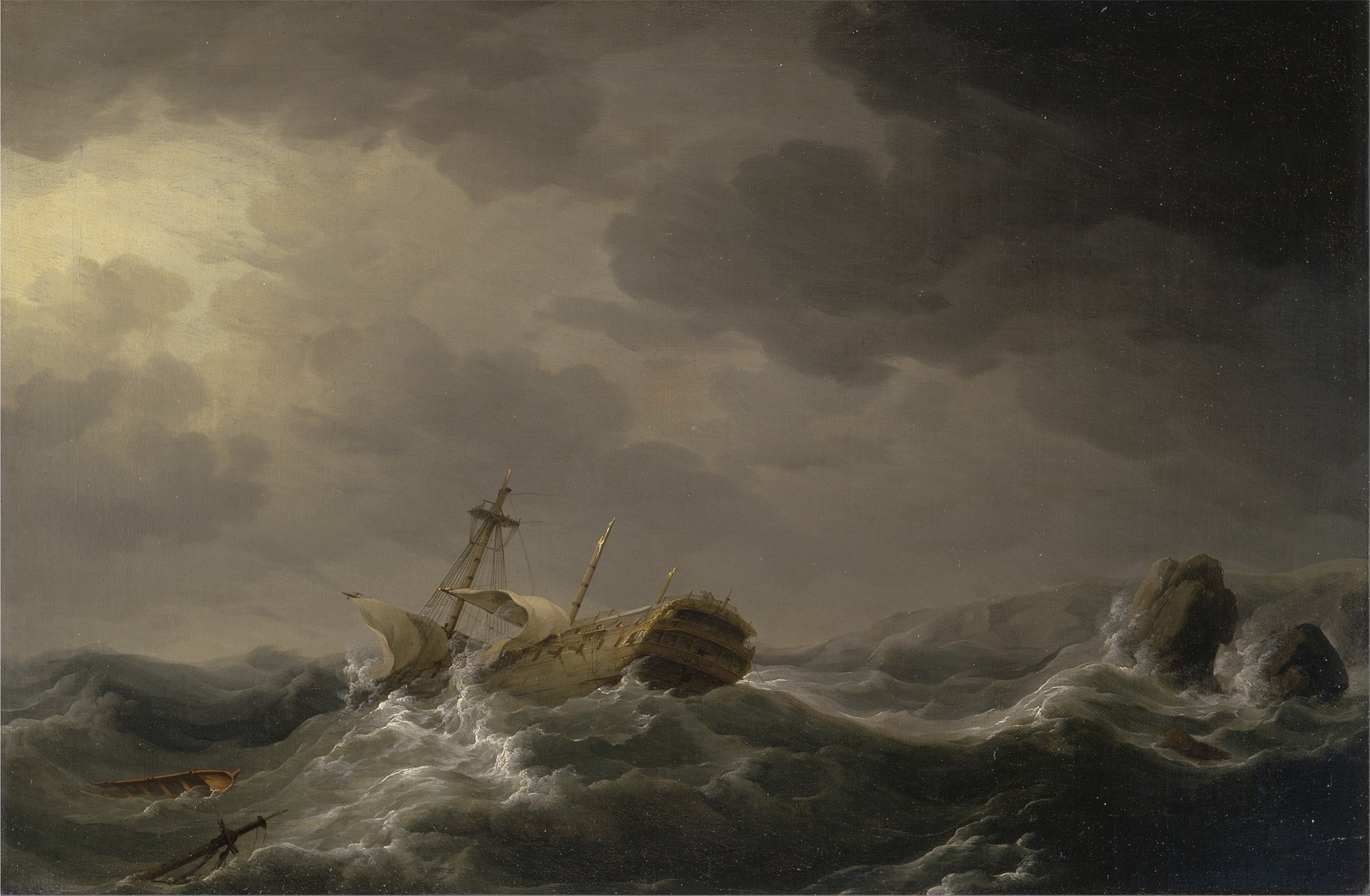 Ship wrecked on a rocky coast, by Charles Brooking, public domain