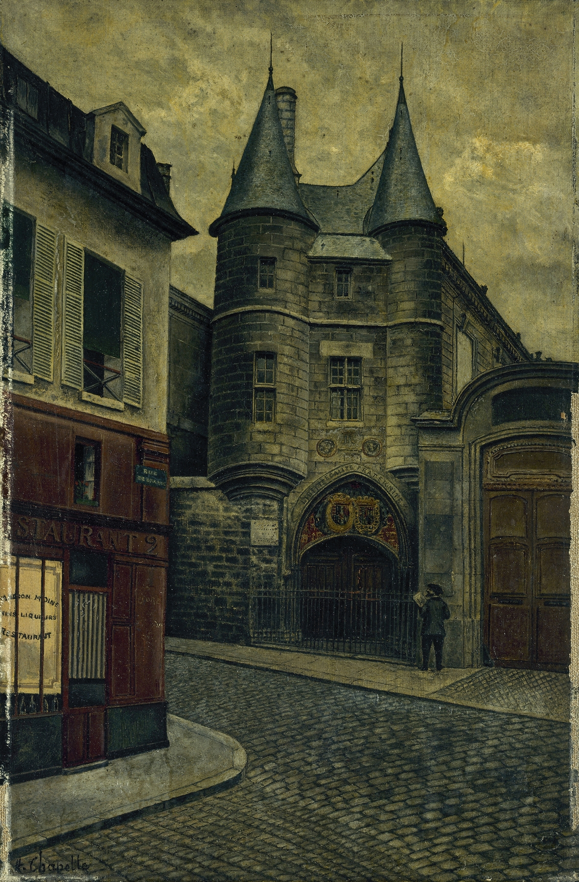 Le Portail de l’hôtel de Clisson, rue des Archives by Henri Chapelle, oil on canvas depicting an archway with golden light.
