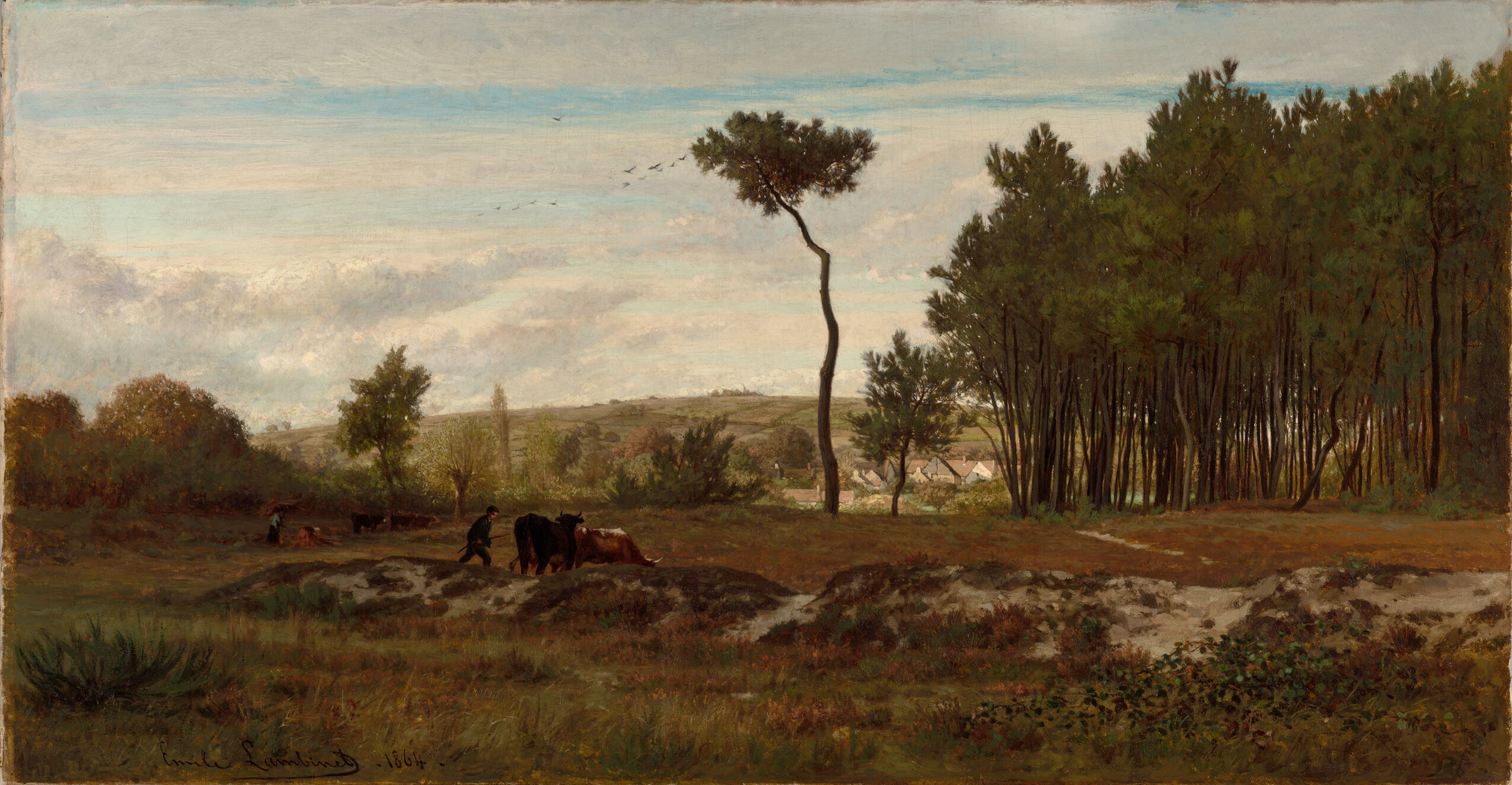 Cows grazing in a landscape, oil on canvas by Emile Charles Lambinet