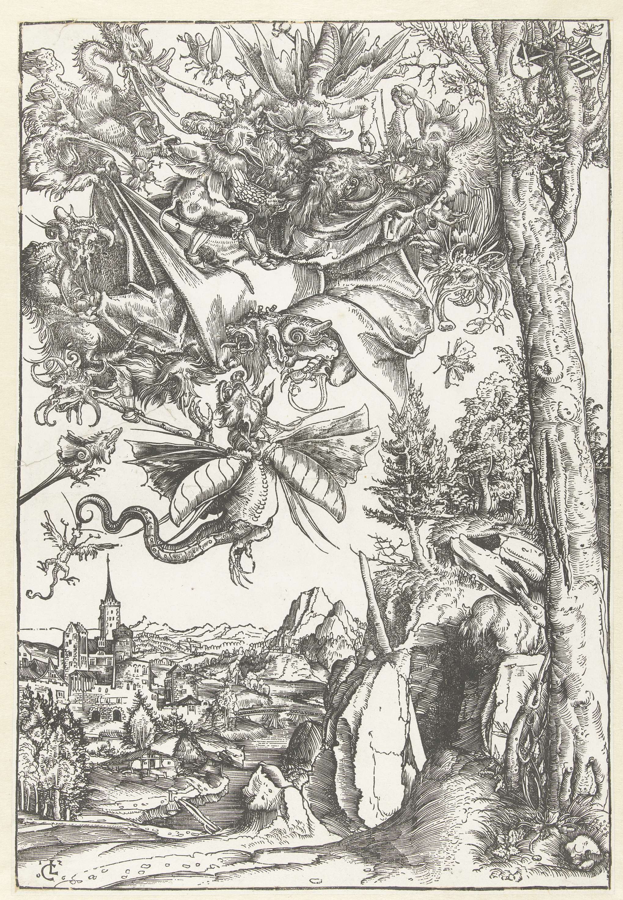 Religious scene depicting Saint Anthony and demons, paper by Lucas Cranach