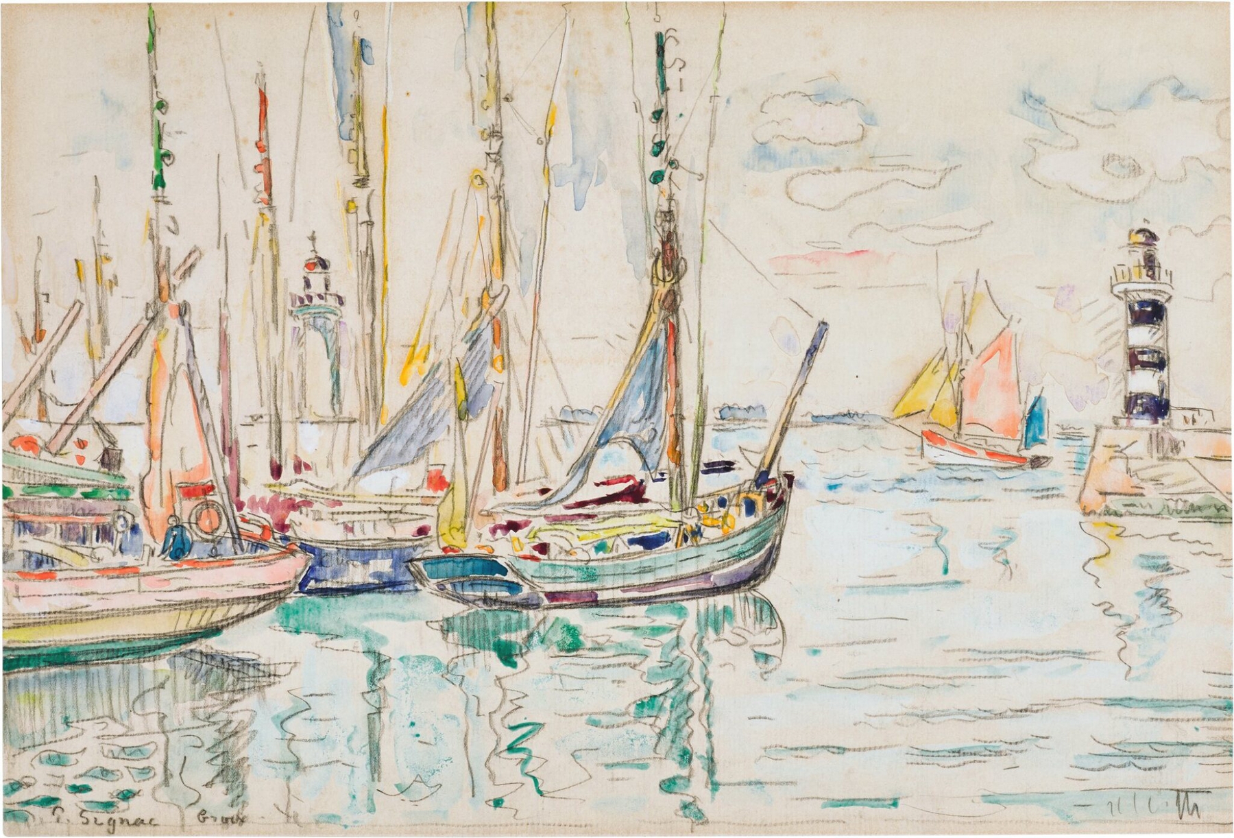 Groix by Paul Signac, oil painting depicting a coastal landscape with sunlight reflecting on water.
