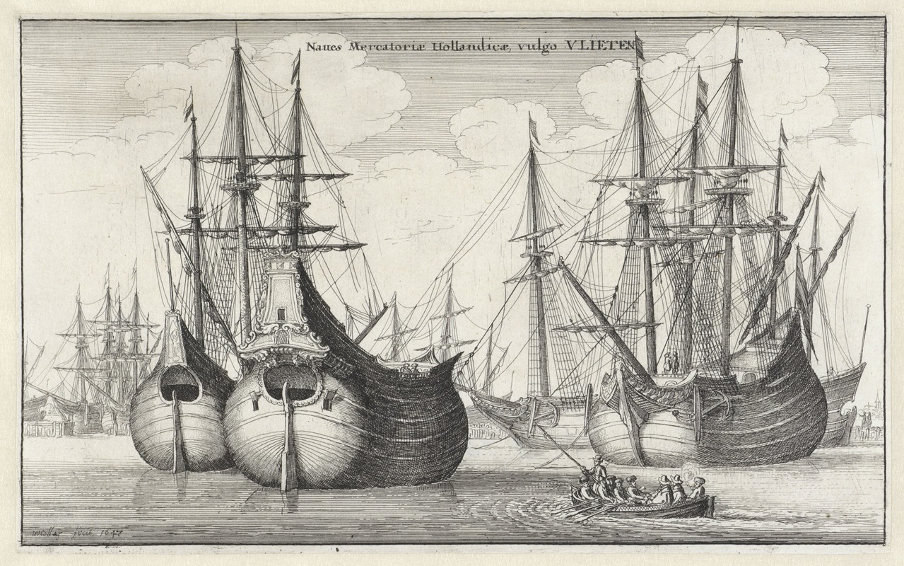 A detailed etching of a Dutch maritime scene by Wenceslaus Hollar.